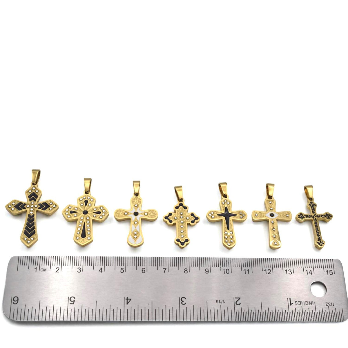 Gold Tone Cross Pendants - Christian Necklace Charms - Black Enamel, CZ Sparkle, Stainless Steel, Baptism Gift Idea