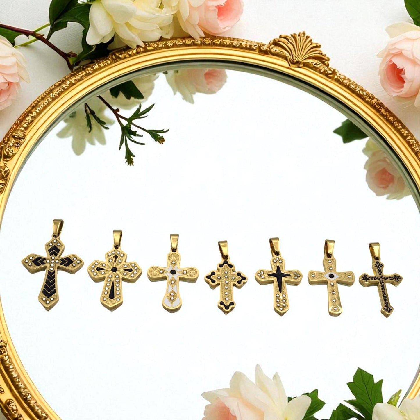Gold Tone Cross Pendants - Christian Necklace Charms - Black Enamel, CZ Sparkle, Stainless Steel, Baptism Gift Idea