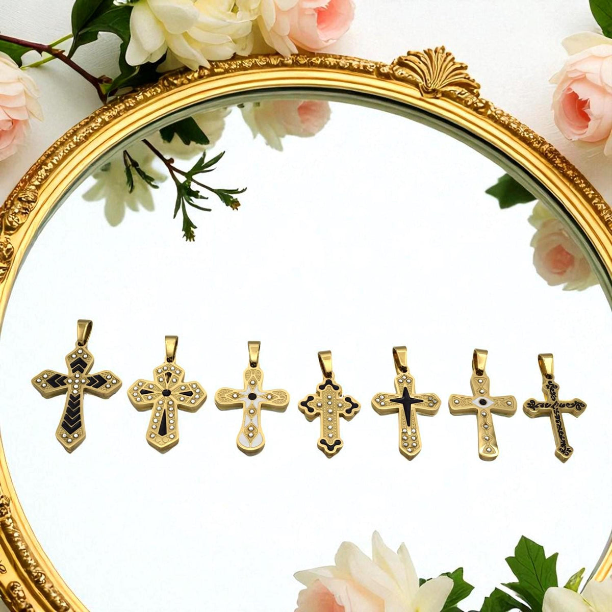 Gold Tone Cross Pendants - Christian Necklace Charms - Black Enamel, CZ Sparkle, Stainless Steel, Baptism Gift Idea