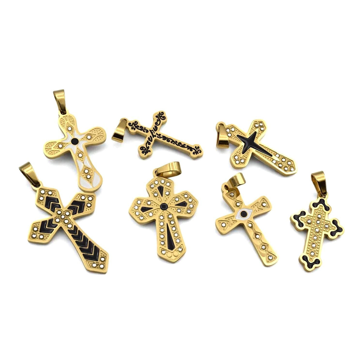 Gold Tone Cross Pendants - Christian Necklace Charms - Black Enamel, CZ Sparkle, Stainless Steel, Baptism Gift Idea