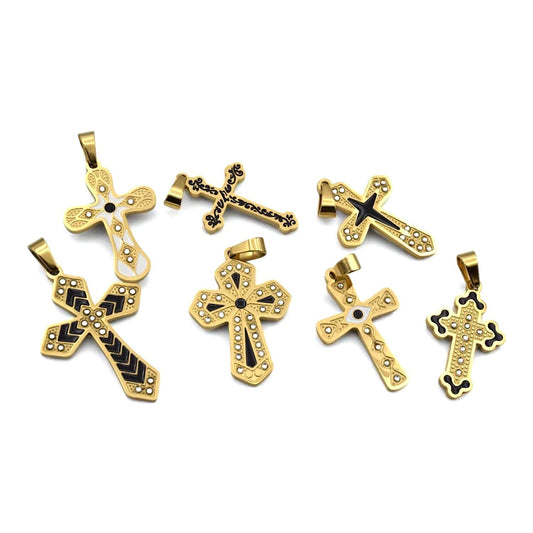 Gold Tone Cross Pendants - Christian Necklace Charms - Black Enamel, CZ Sparkle, Stainless Steel, Baptism Gift Idea