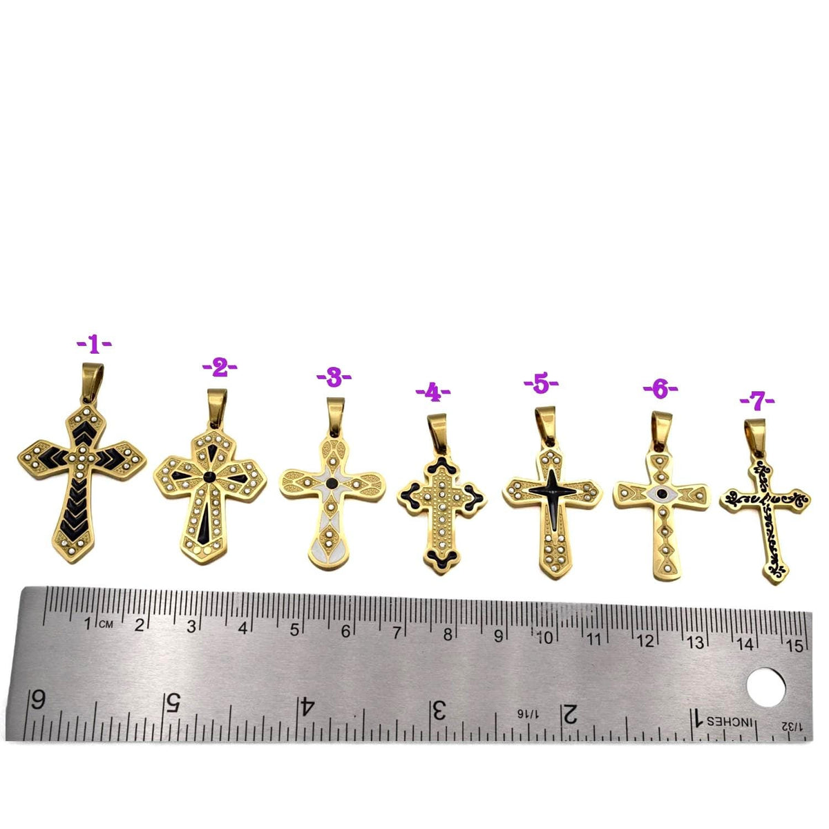 Gold Tone Cross Pendants - Christian Necklace Charms - Black Enamel, CZ Sparkle, Stainless Steel, Baptism Gift Idea