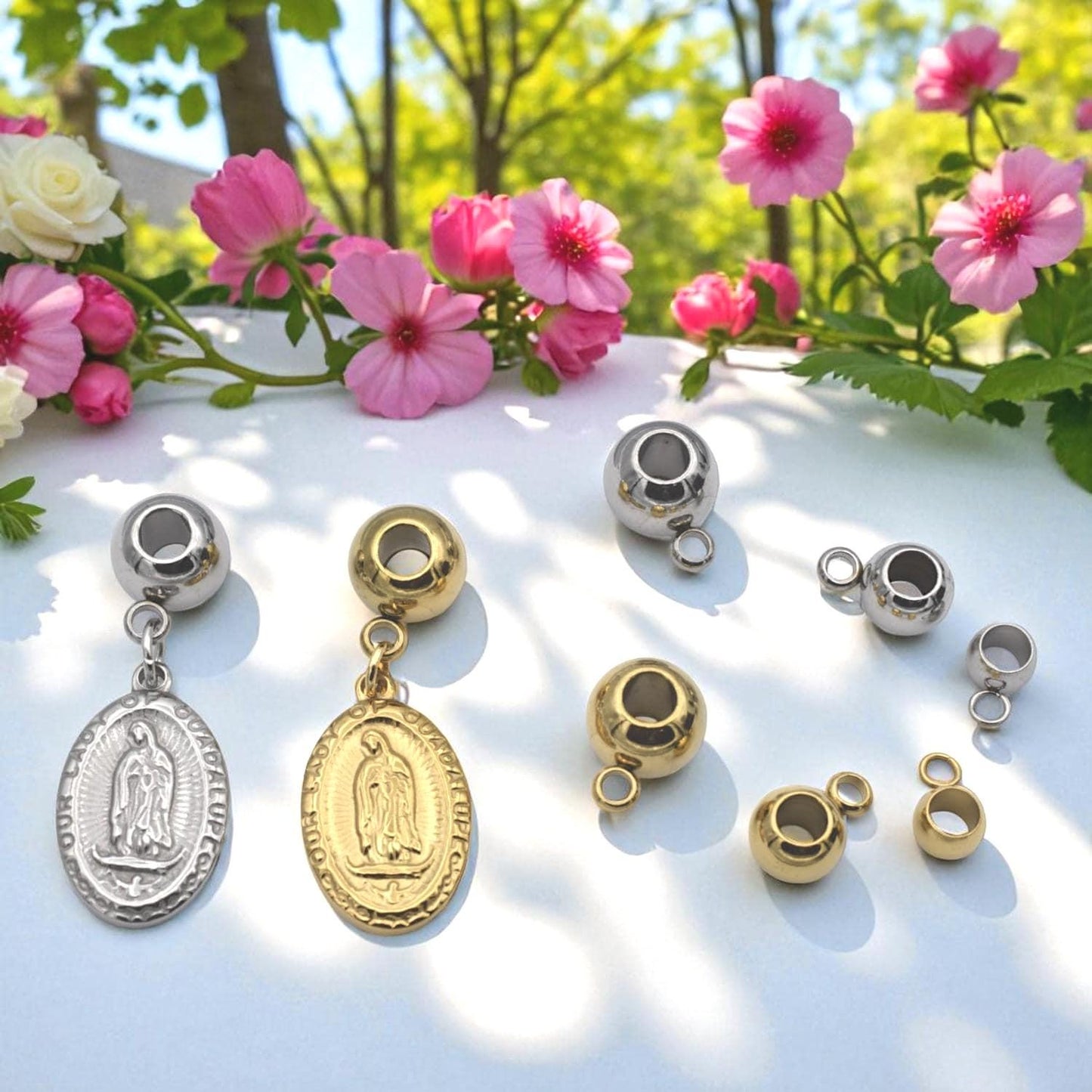 Large Hole Charm Beads with Loop Bail: Gold and Silver Stainless Steel, Mirror Polished Finish (12 or 20 Pcs, Hypoallergenic Jewelry)