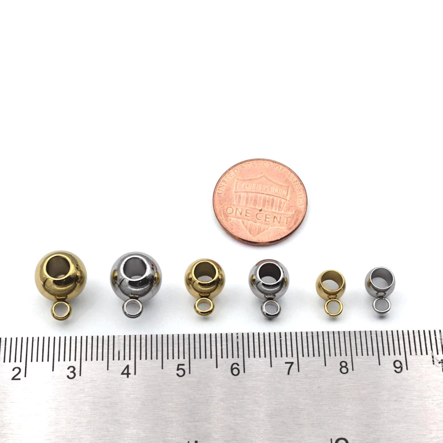 Large Hole Charm Beads with Loop Bail: Gold and Silver Stainless Steel, Mirror Polished Finish (12 or 20 Pcs, Hypoallergenic Jewelry)