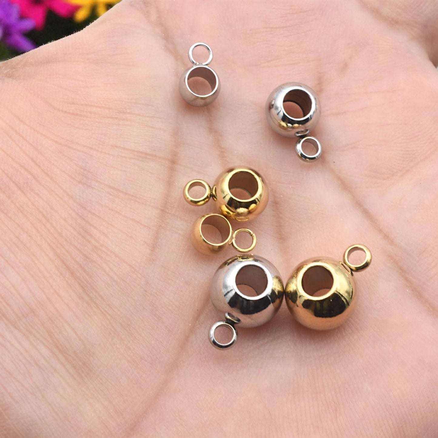 Large Hole Charm Beads with Loop Bail: Gold and Silver Stainless Steel, Mirror Polished Finish (12 or 20 Pcs, Hypoallergenic Jewelry)