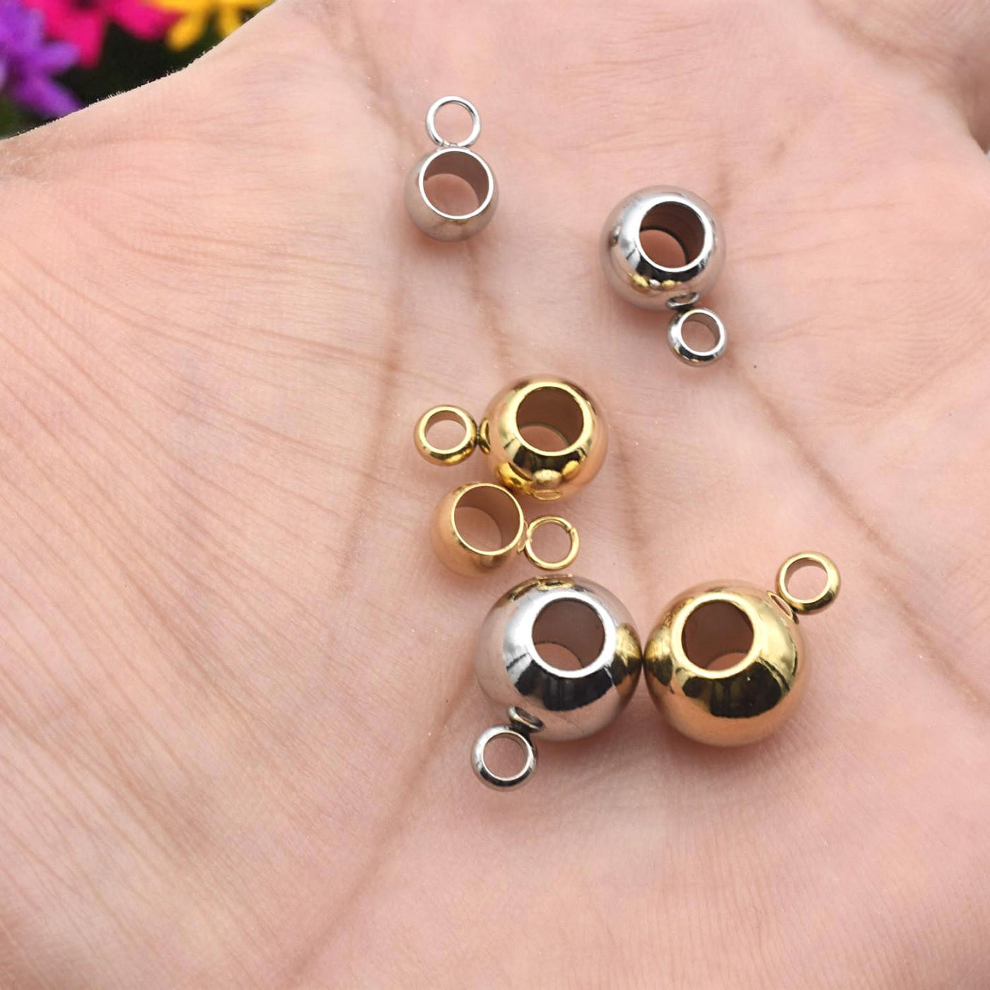 Stainless Round Bail Beads with Loop Gold & Silver Large Hole Charm Connectors DIY Necklace, Bracelet Paracord Findings 12...