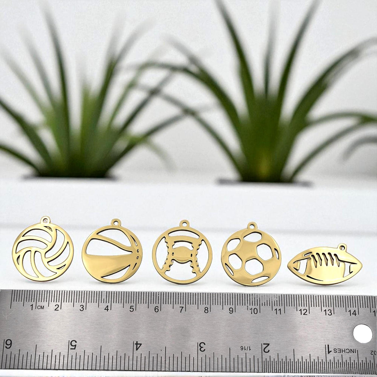 Football Pendant Set Sports Charms: Mixed Ball Designs, Gold Stainless Steel | Lightweight, Lead Free | 6 Pcs DIY Jewelry