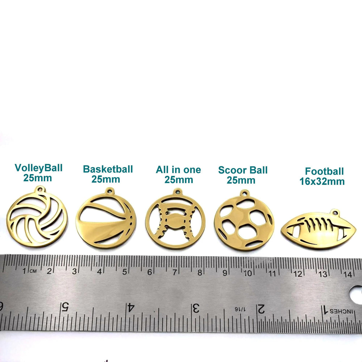 Football Pendant Set Sports Charms: Mixed Ball Designs, Gold Stainless Steel | Lightweight, Lead Free | 6 Pcs DIY Jewelry