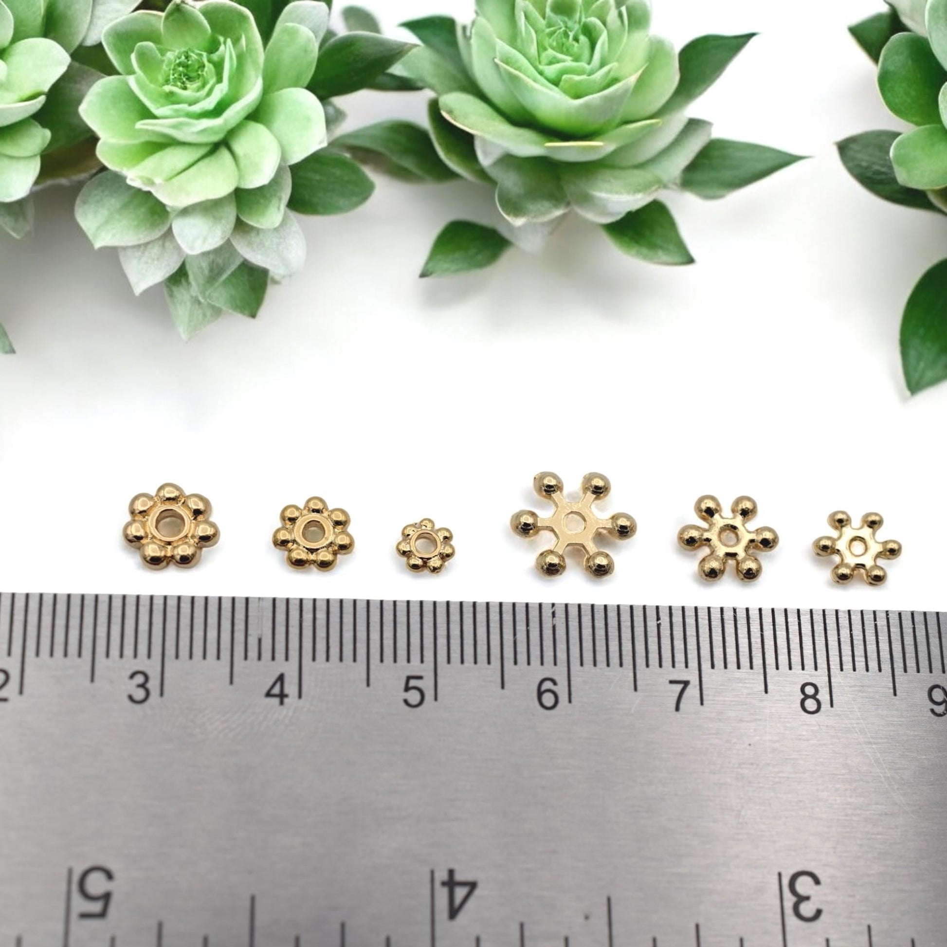 Daisy Flower Gold Filled Look Electroplated Copper Beads, Roundel Spacers (5-10mm Sizes, Tarnish Resistant, Jewelry Crafting)