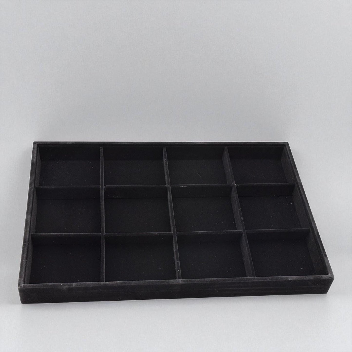 Black Velvet Jewelry Tray Organizer, 12 Compartments, Soft Velvet Interior (14x9.5x1.25 in, Rings & Earrings Storage)