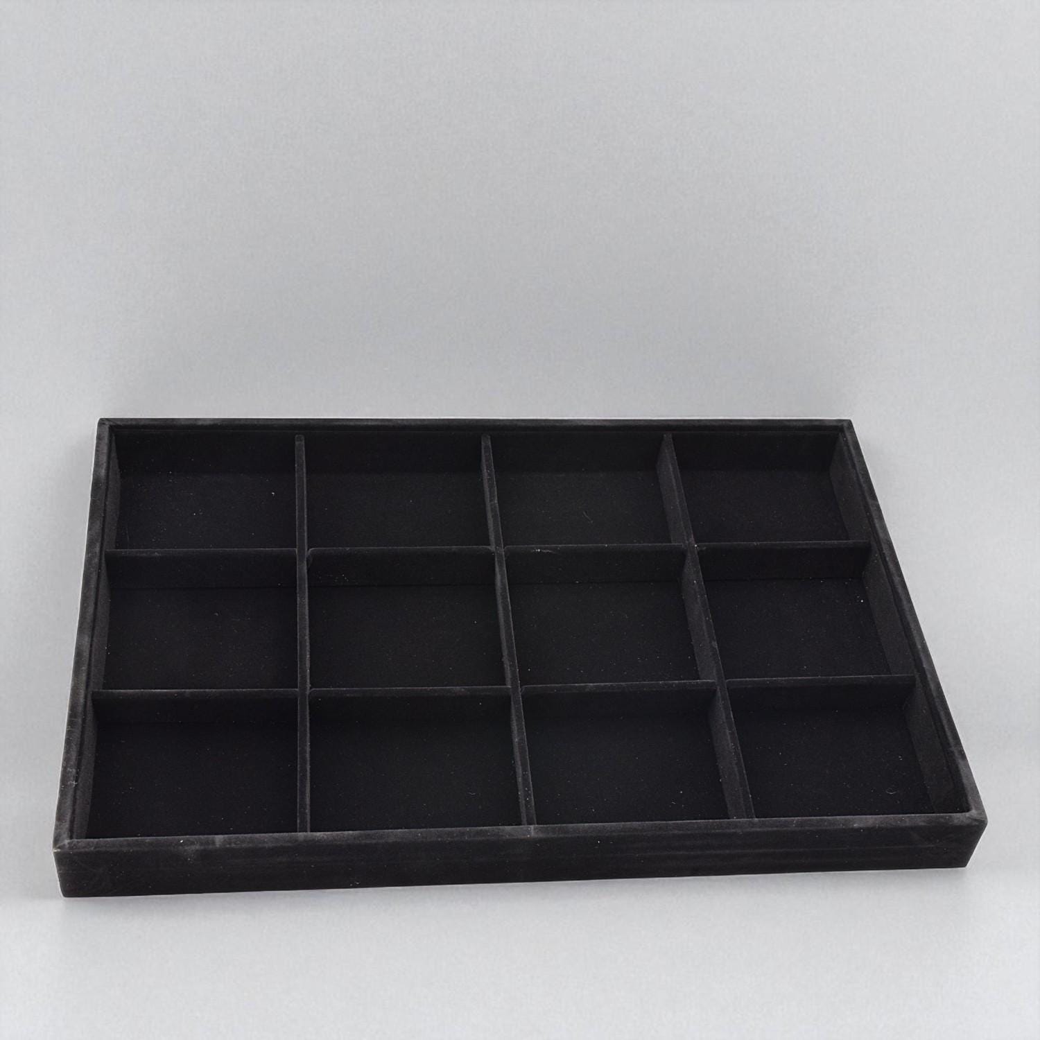 Black Velvet Jewelry Tray Organizer, 12 Compartments, Soft Velvet Interior (14x9.5x1.25 in, Rings & Earrings Storage)