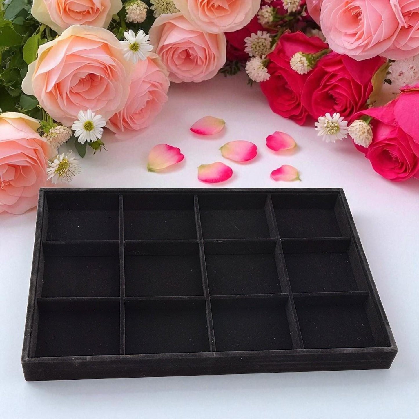Black Velvet Jewelry Tray Organizer, 12 Compartments, Soft Velvet Interior (14x9.5x1.25 in, Rings & Earrings Storage)