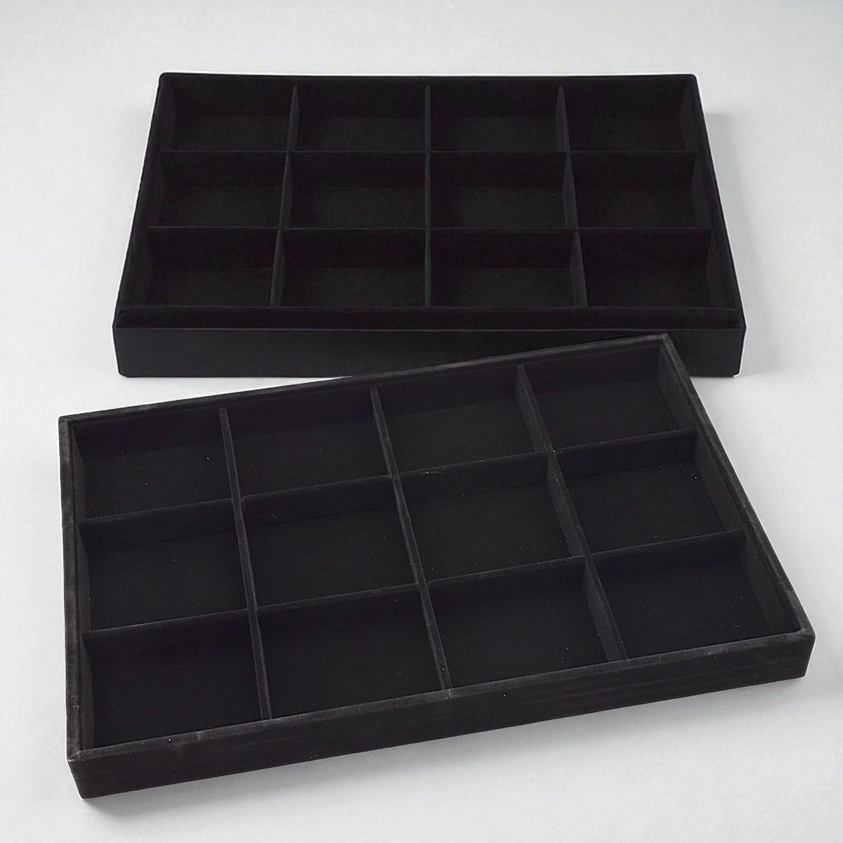 Black Velvet Jewelry Tray Organizer, 12 Compartments, Soft Velvet Interior (14x9.5x1.25 in, Rings & Earrings Storage)