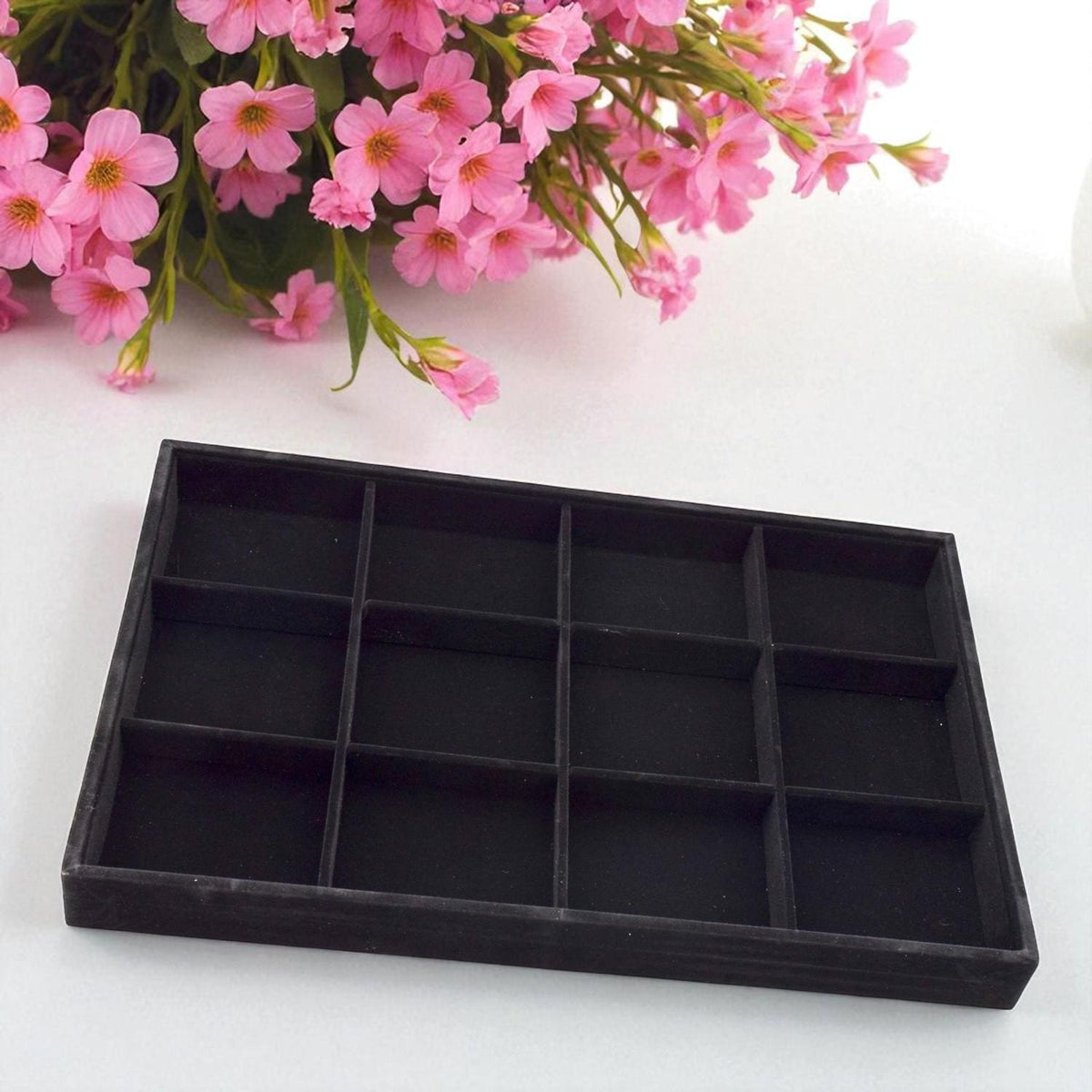 Black Velvet Jewelry Tray Organizer, 12 Compartments, Soft Velvet Interior (14x9.5x1.25 in, Rings & Earrings Storage)