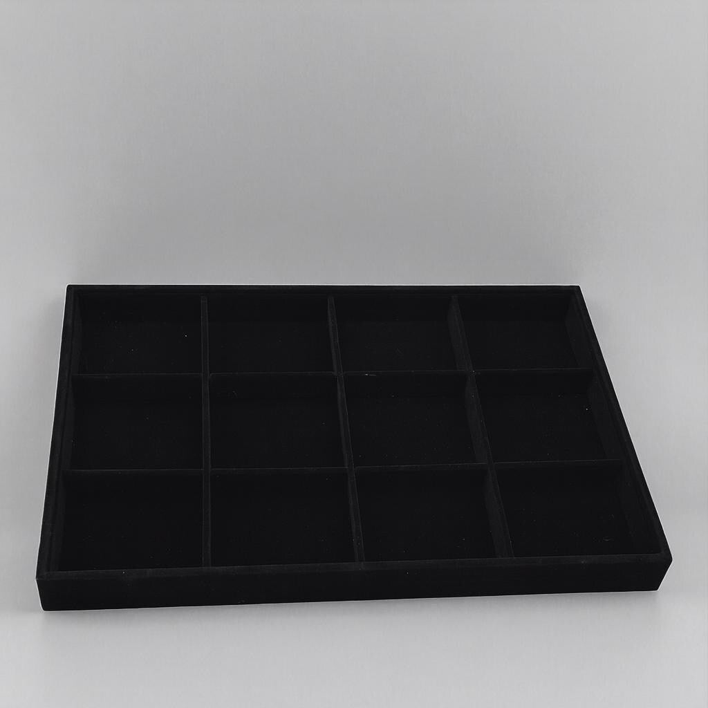 Black Velvet Jewelry Tray Organizer, 12 Compartments, Soft Velvet Interior (14x9.5x1.25 in, Rings & Earrings Storage)