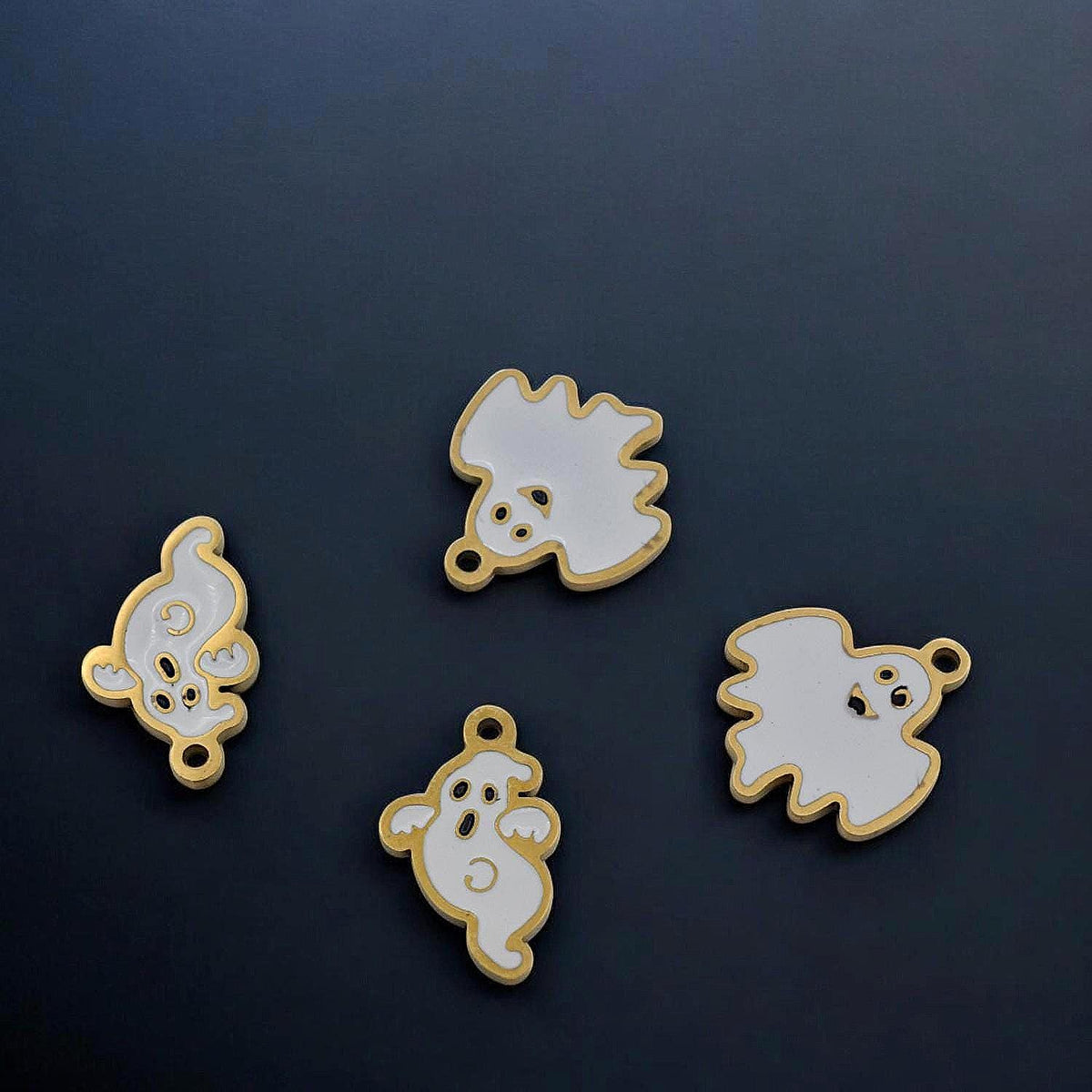 Spooky Ghost Charms Halloween Pendants, White Enamel with Gold Trim (3 Pieces, Stainless Steel, DIY Jewelry Craft)
