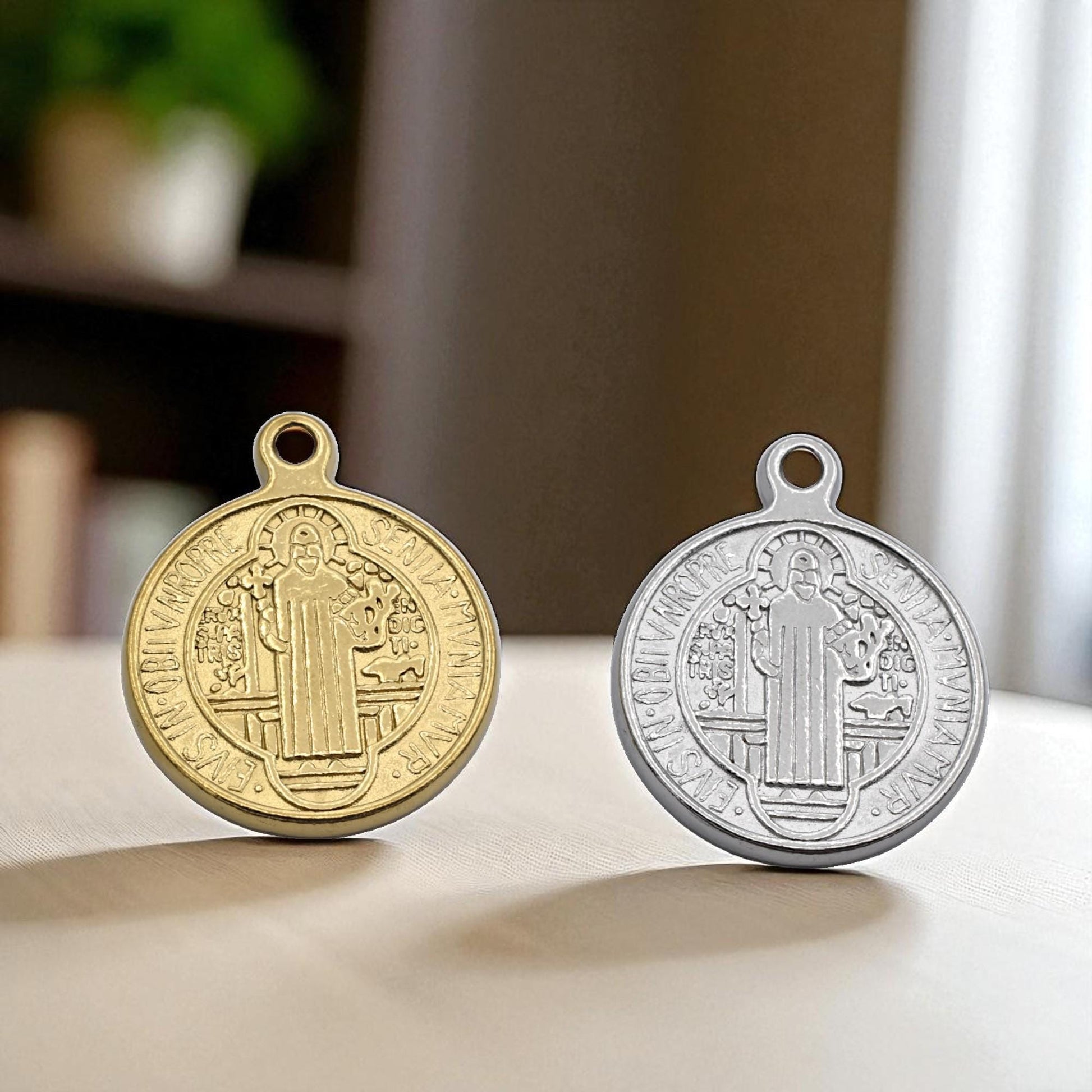 St Benedict Medal Charms Catholic Pendants, Double-Sided Protection (Gold & Silver Tone, 20mm, Lead-Free Stainless Steel)