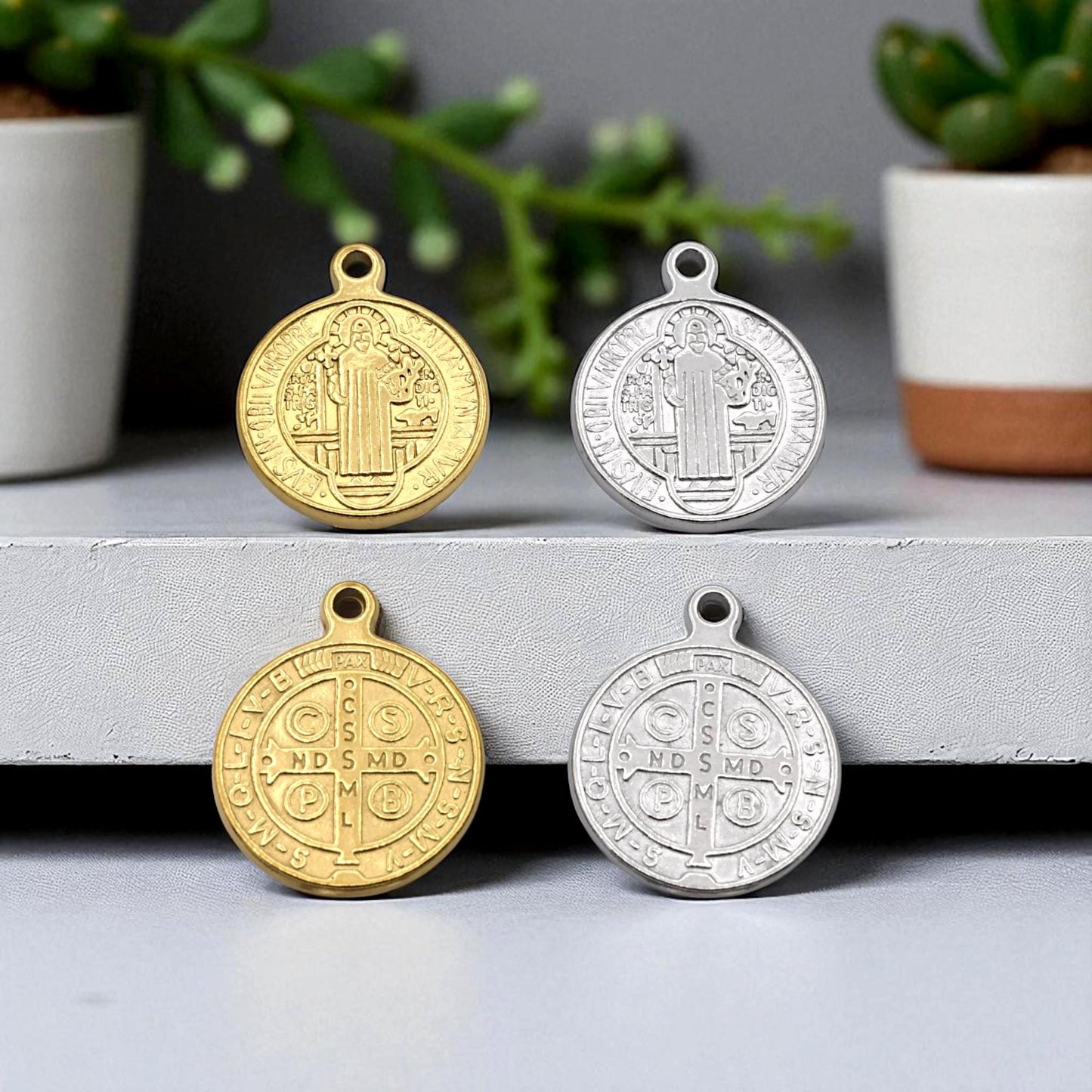St Benedict Medal Charms Catholic Pendants, Double-Sided Protection (Gold & Silver Tone, 20mm, Lead-Free Stainless Steel)