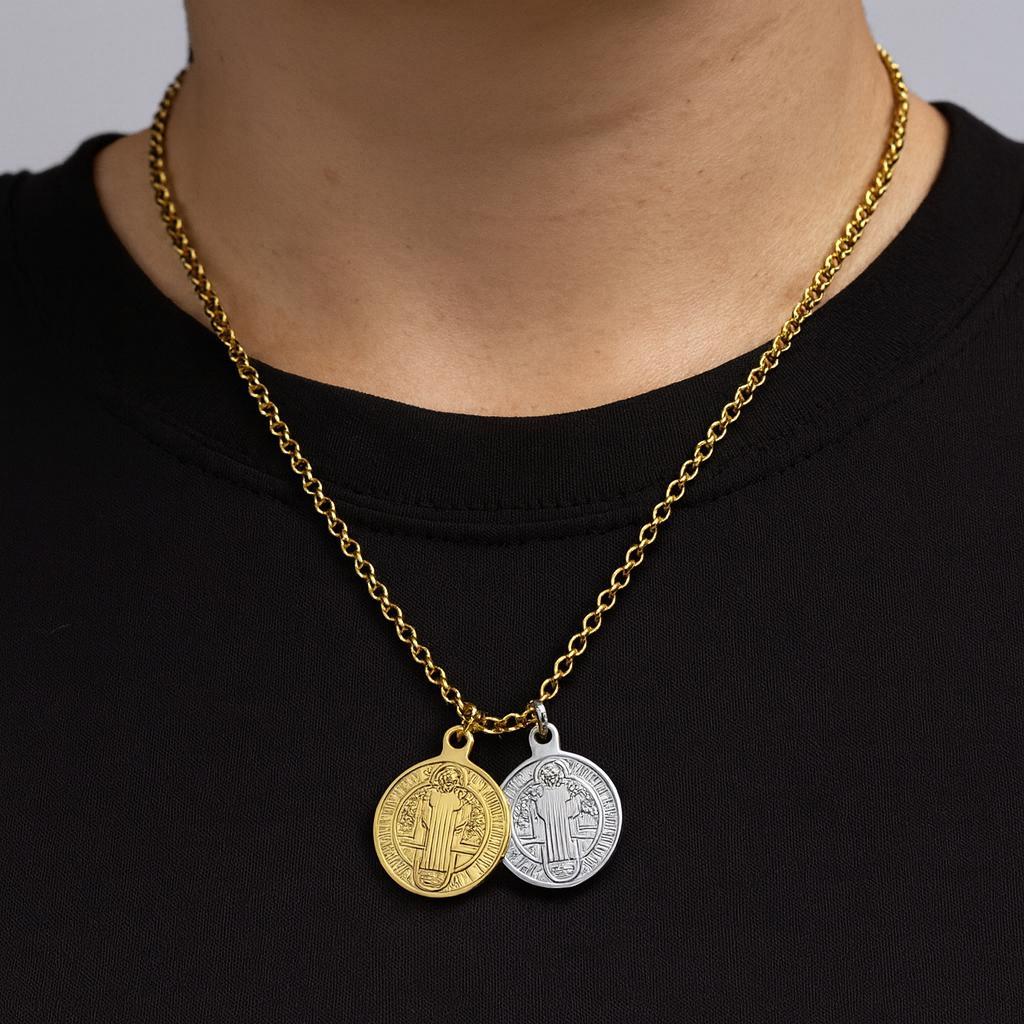 St Benedict Medal Charms Catholic Pendants, Double-Sided Protection (Gold & Silver Tone, 20mm, Lead-Free Stainless Steel)