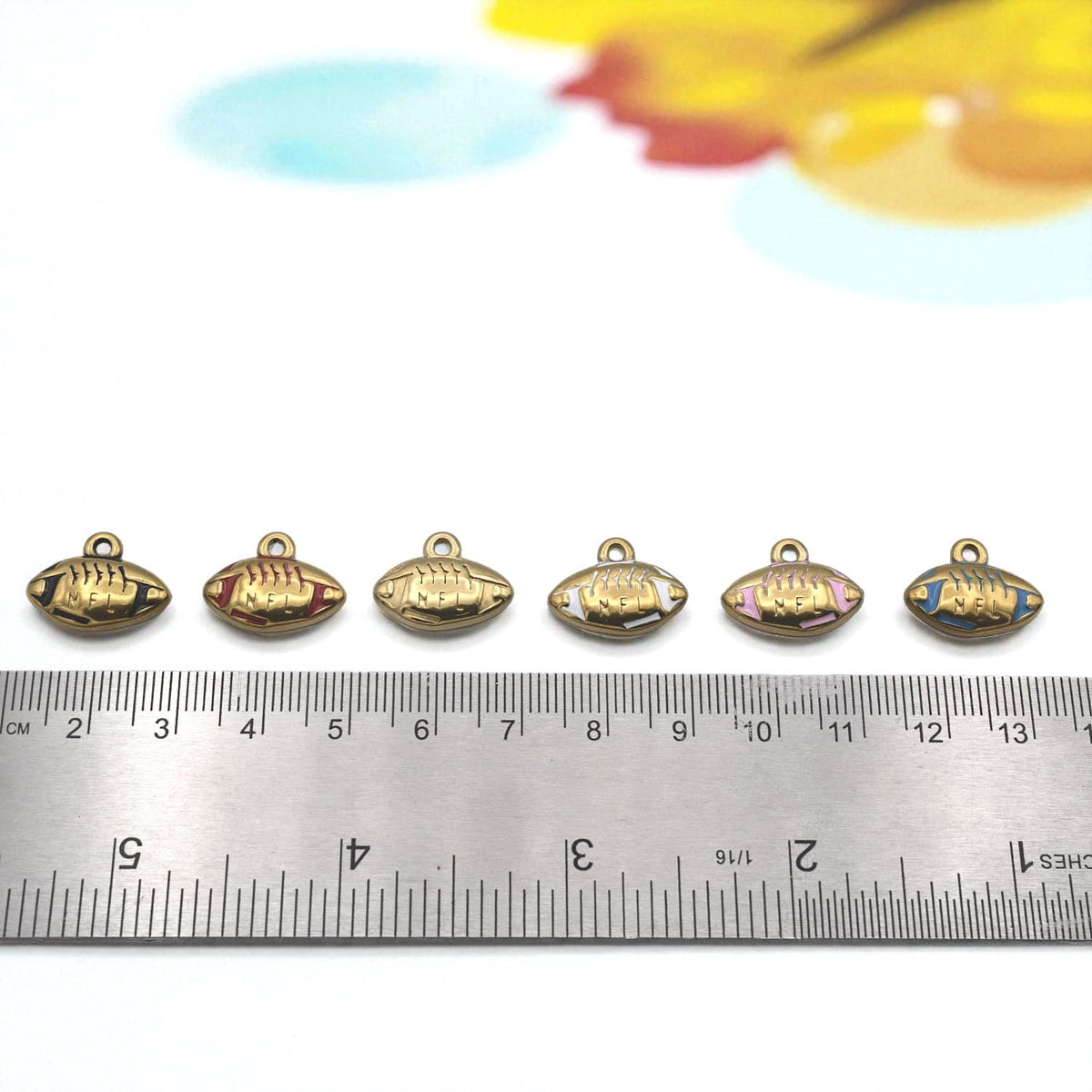 Gold Plated Charms Football Pendants: Team Colors Enamel, Raised Laces Detail | Stainless Steel, Lead-Free | 12PC Pack