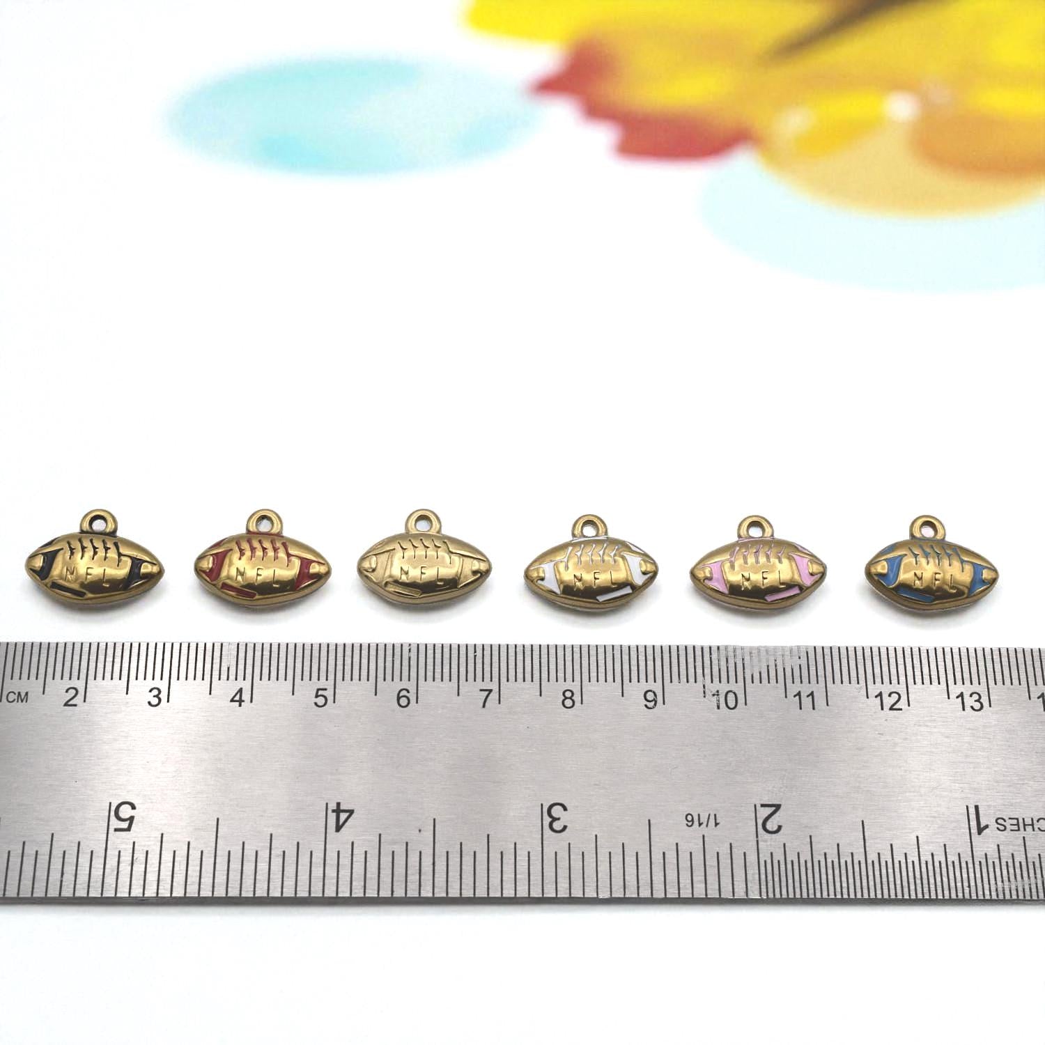 Gold Plated Charms Football Pendants: Team Colors Enamel, Raised Laces Detail | Stainless Steel, Lead-Free | 12PC Pack