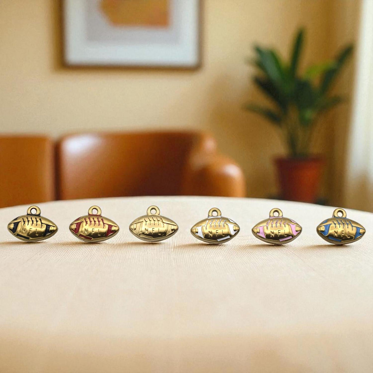Gold Plated Charms Football Pendants: Team Colors Enamel, Raised Laces Detail | Stainless Steel, Lead-Free | 12PC Pack