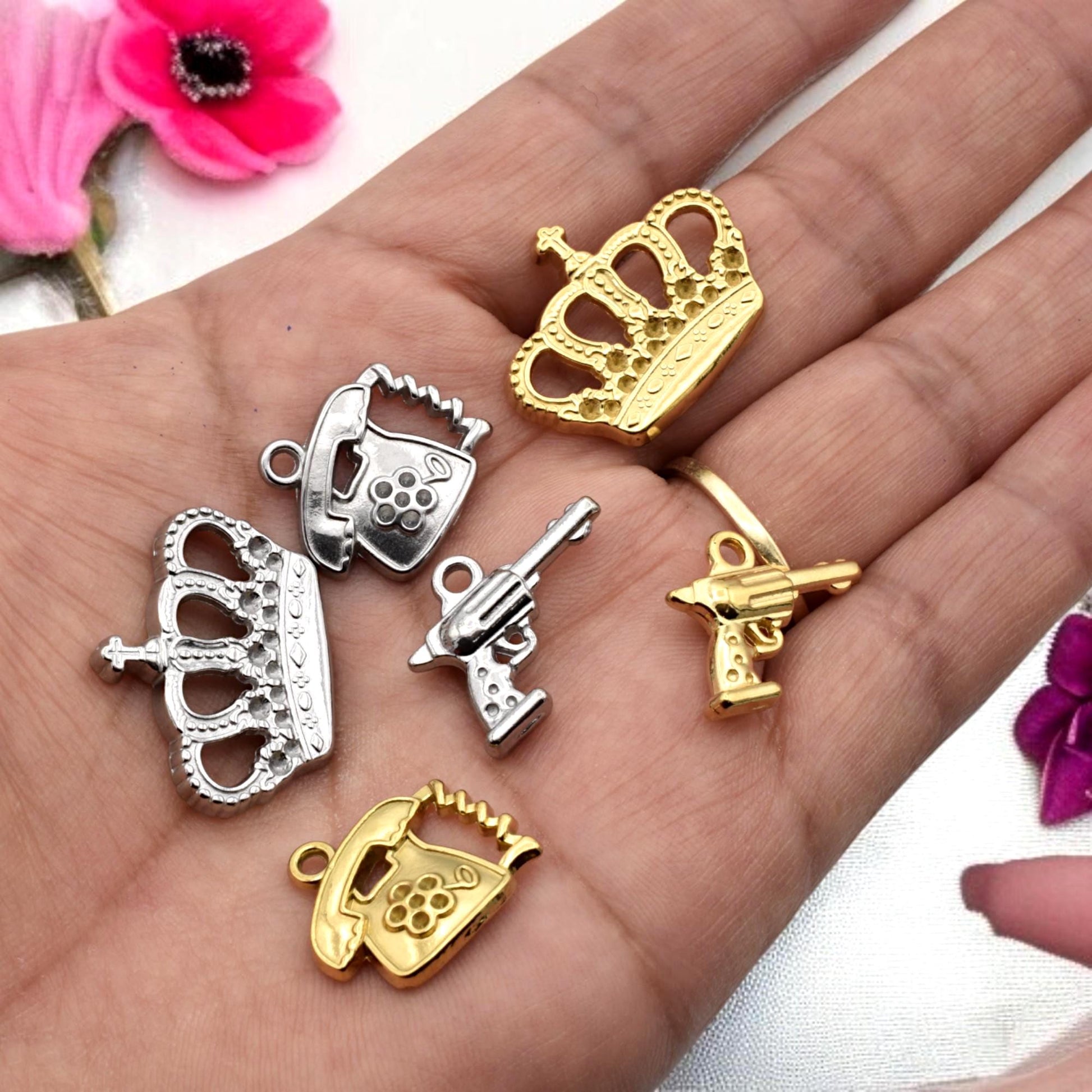 Regal Crown Pendants: Warm Gold & Cool Silver Finish - Lead-Free, Nickel Safe Charms for Jewelry Making