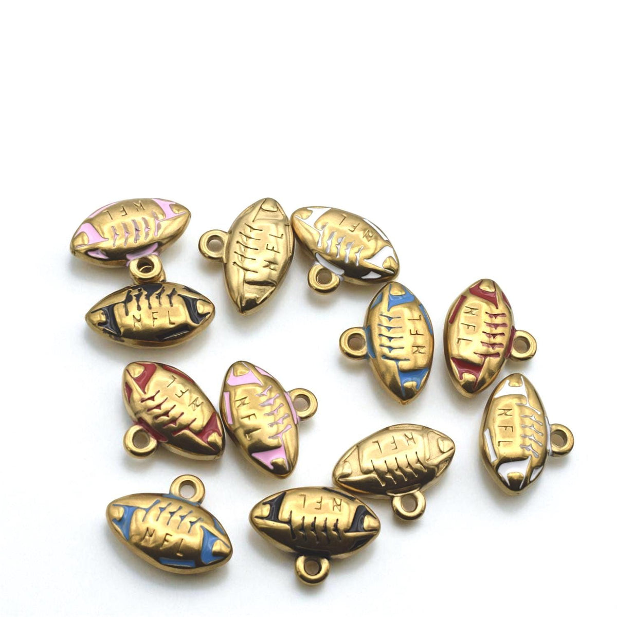 Gold Plated Charms Football Pendants: Team Colors Enamel, Raised Laces Detail | Stainless Steel, Lead-Free | 12PC Pack
