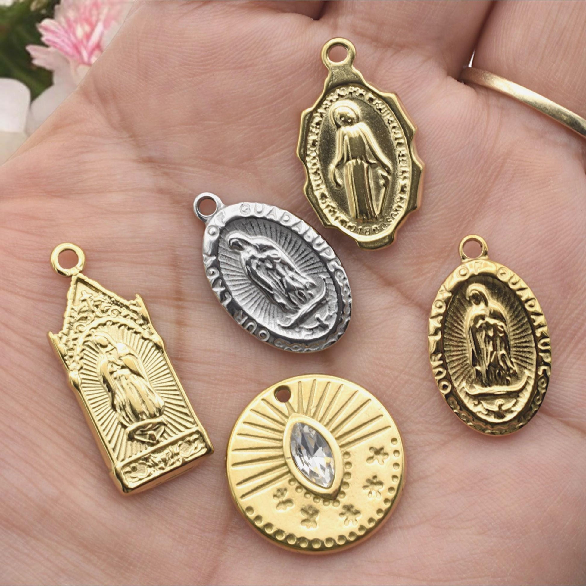 Mary Guadalupe Medal: Sun Eye Charm Gold & Silver-Tone, Miraculous Pendant | Stainless Steel, Rosary Jewelry DIY | 20-29mm