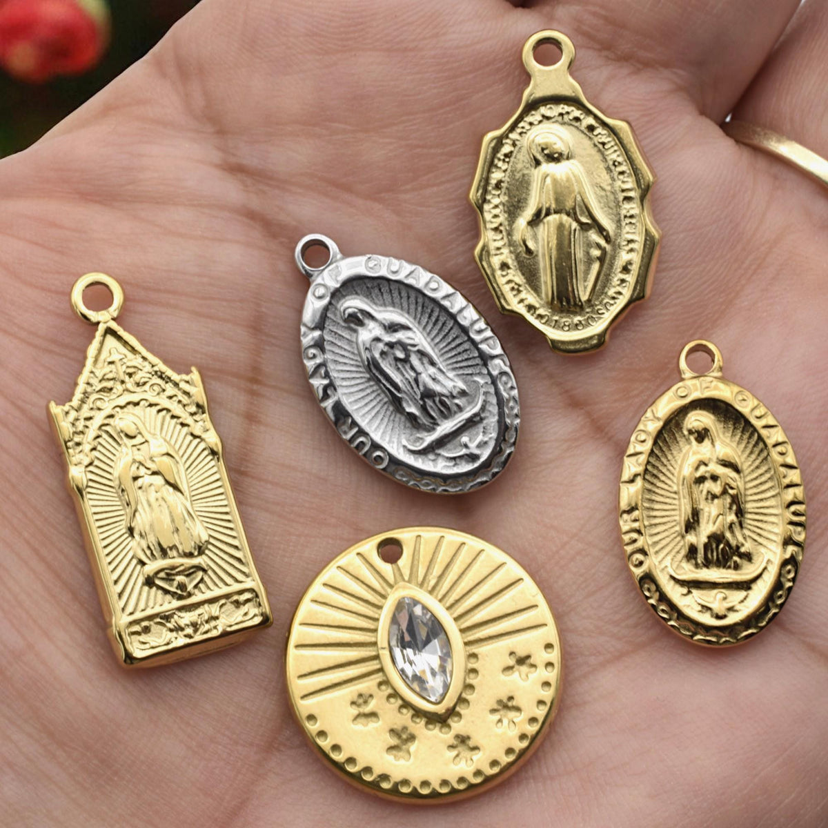 Mary Guadalupe Medal: Sun Eye Charm Gold & Silver-Tone, Miraculous Pendant | Stainless Steel, Rosary Jewelry DIY | 20-29mm