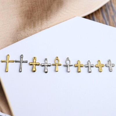 Gold or Silver Stainless Steel Cross and Egyptian Ankh Charm – 12pcs/ pk Religious Pendant Findings   DIY Jewelry Rosary,...