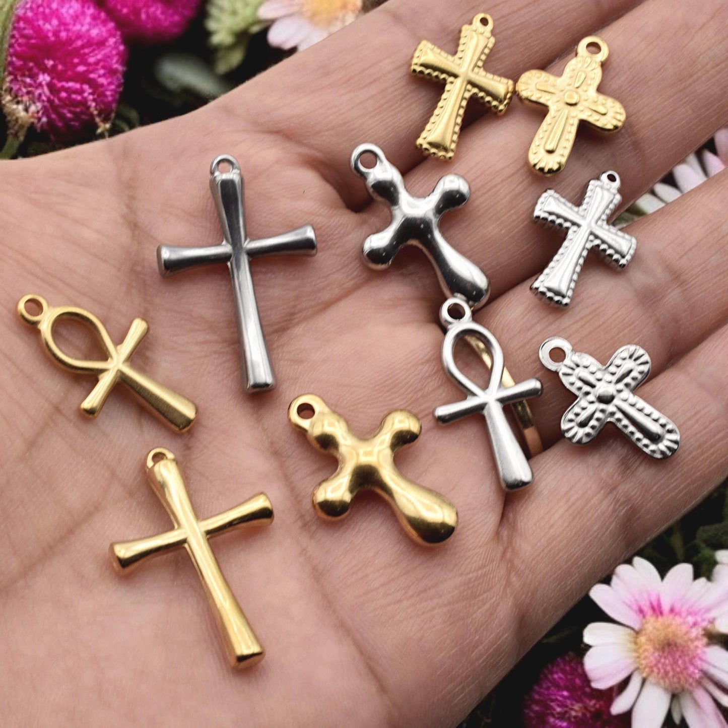 Egyptian Ankh Charm Gold Or Silver: Faith Symbol Jewelry Bundle, Stainless Steel (12pcs, Mixed Cross and Ankh, Lead-Free Materials)