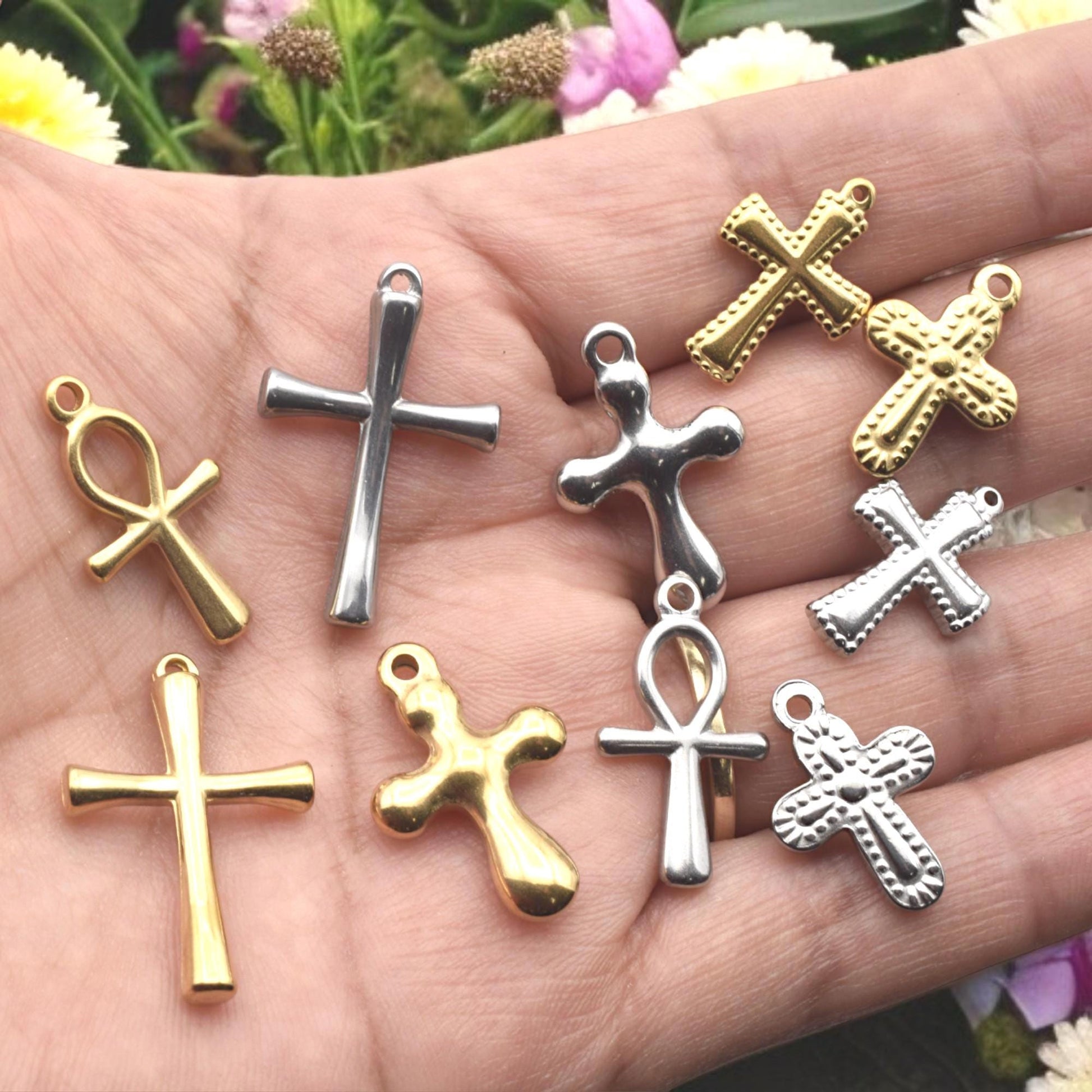 Egyptian Ankh Charm Gold Or Silver: Faith Symbol Jewelry Bundle, Stainless Steel (12pcs, Mixed Cross and Ankh, Lead-Free Materials)
