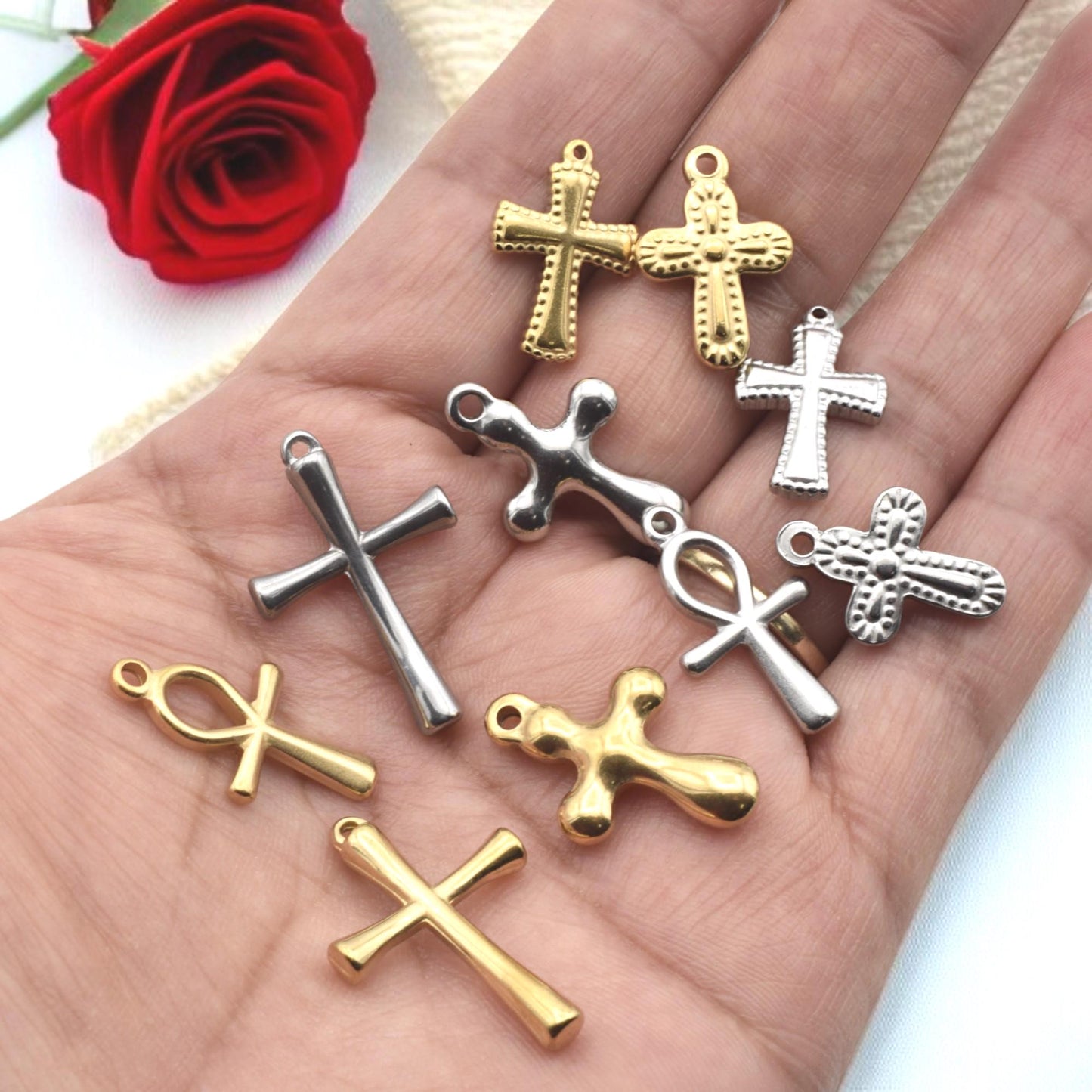 Egyptian Ankh Charm Gold Or Silver: Faith Symbol Jewelry Bundle, Stainless Steel (12pcs, Mixed Cross and Ankh, Lead-Free Materials)