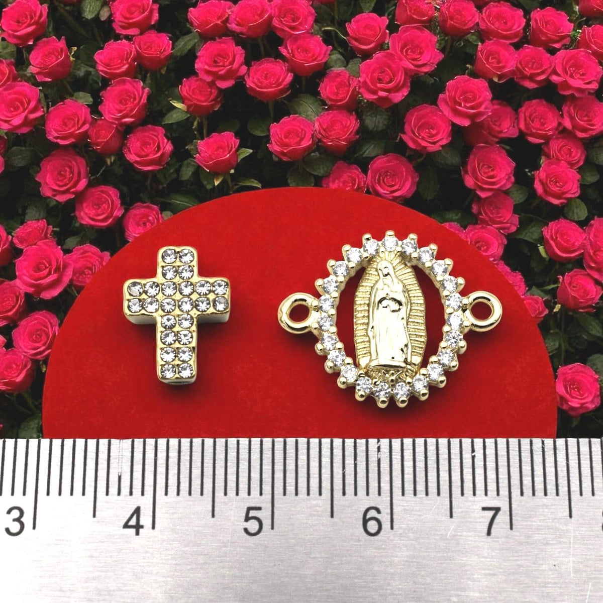 Gold CZ Cross Bead Connector: Sparkling Virgin Mary Pendant - Micro Pave Cubic Zirconia, Tarnish Resistant, Catholic Jewelry DIY