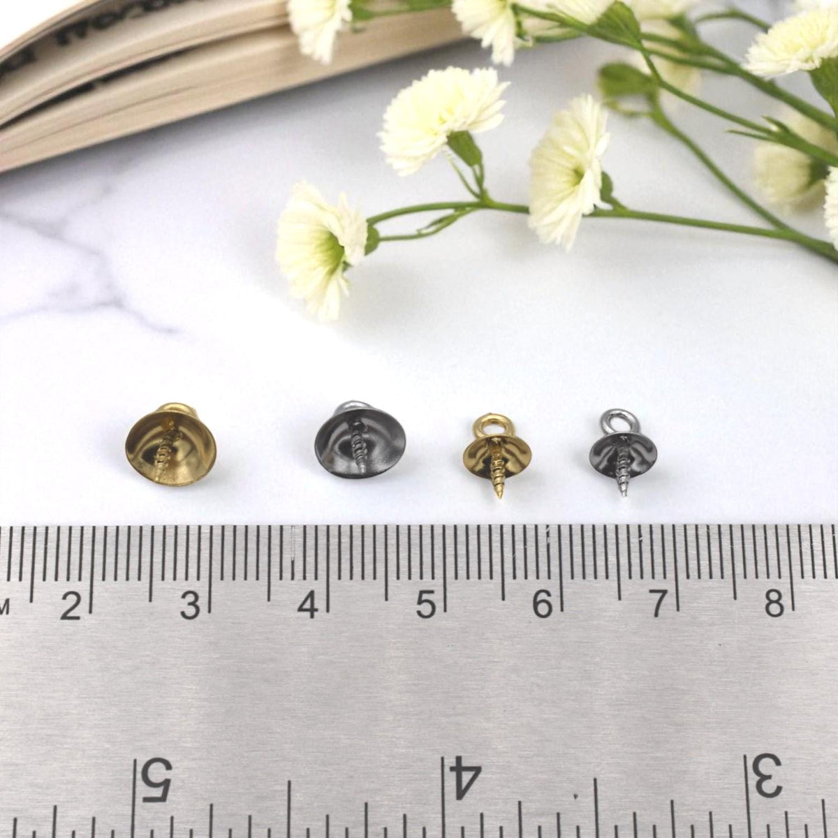 Gold and Silver Screw-Eye Cup Bails for Pendants – 6mm/ 8mm Loop-Top Pegs – 12 pcs Stainless Steel Findings for Resin, Polymer Clay Jewelry