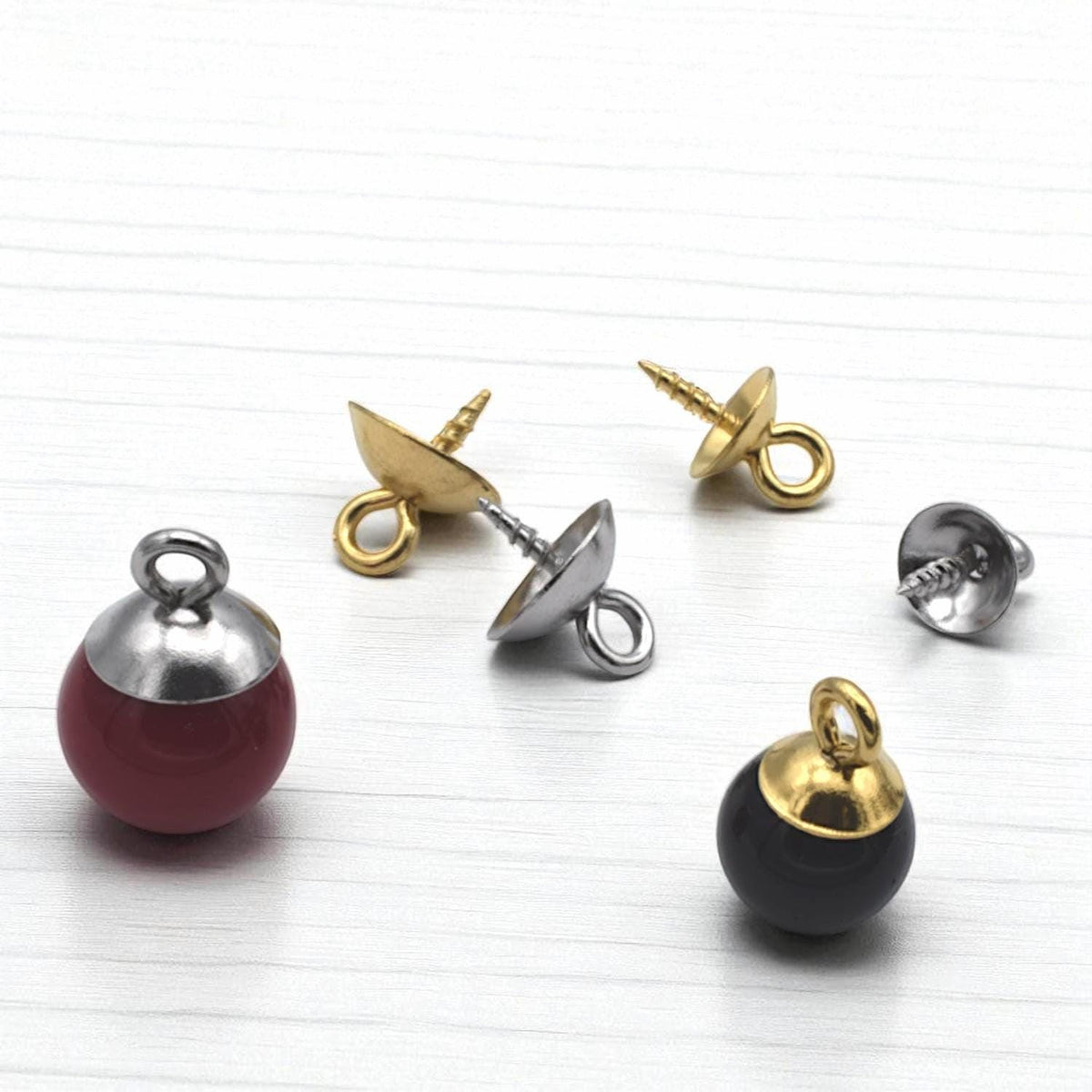Gold and Silver Screw-Eye Cup Bails for Pendants – 6mm/ 8mm Loop-Top Pegs – 12 pcs Stainless Steel Findings for Resin, Polymer Clay Jewelry