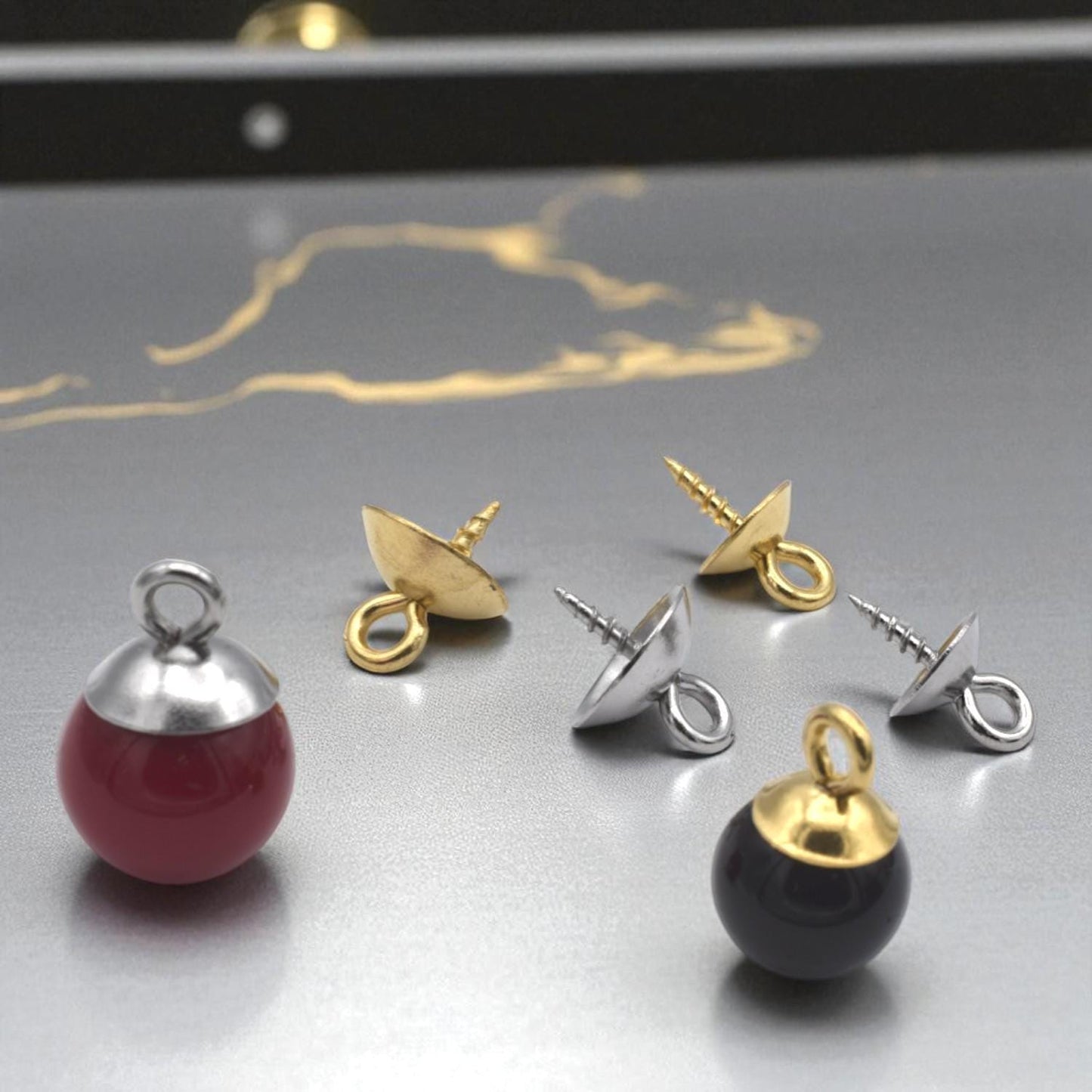 Gold and Silver Screw-Eye Cup Bails for Pendants – 6mm/ 8mm Loop-Top Pegs – 12 pcs Stainless Steel Findings for Resin, Polymer Clay Jewelry