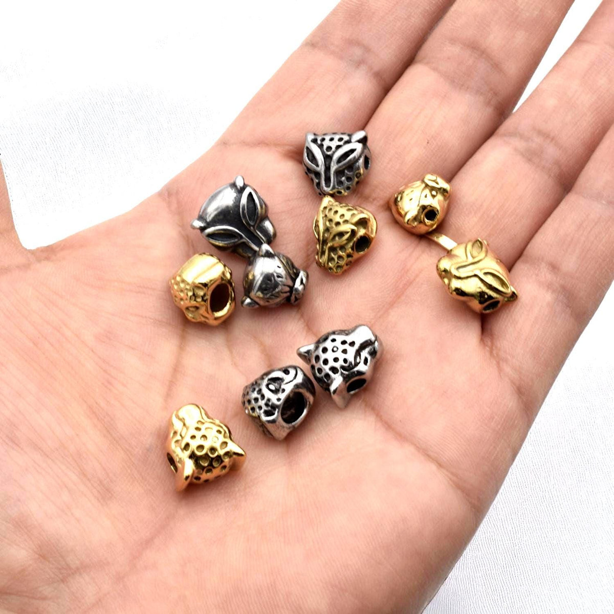 Leopard And Panther Head Beads: Antique Gold & Silver Finish - Large Hole, Durable Stainless Steel, Wildlife Jewelry Components