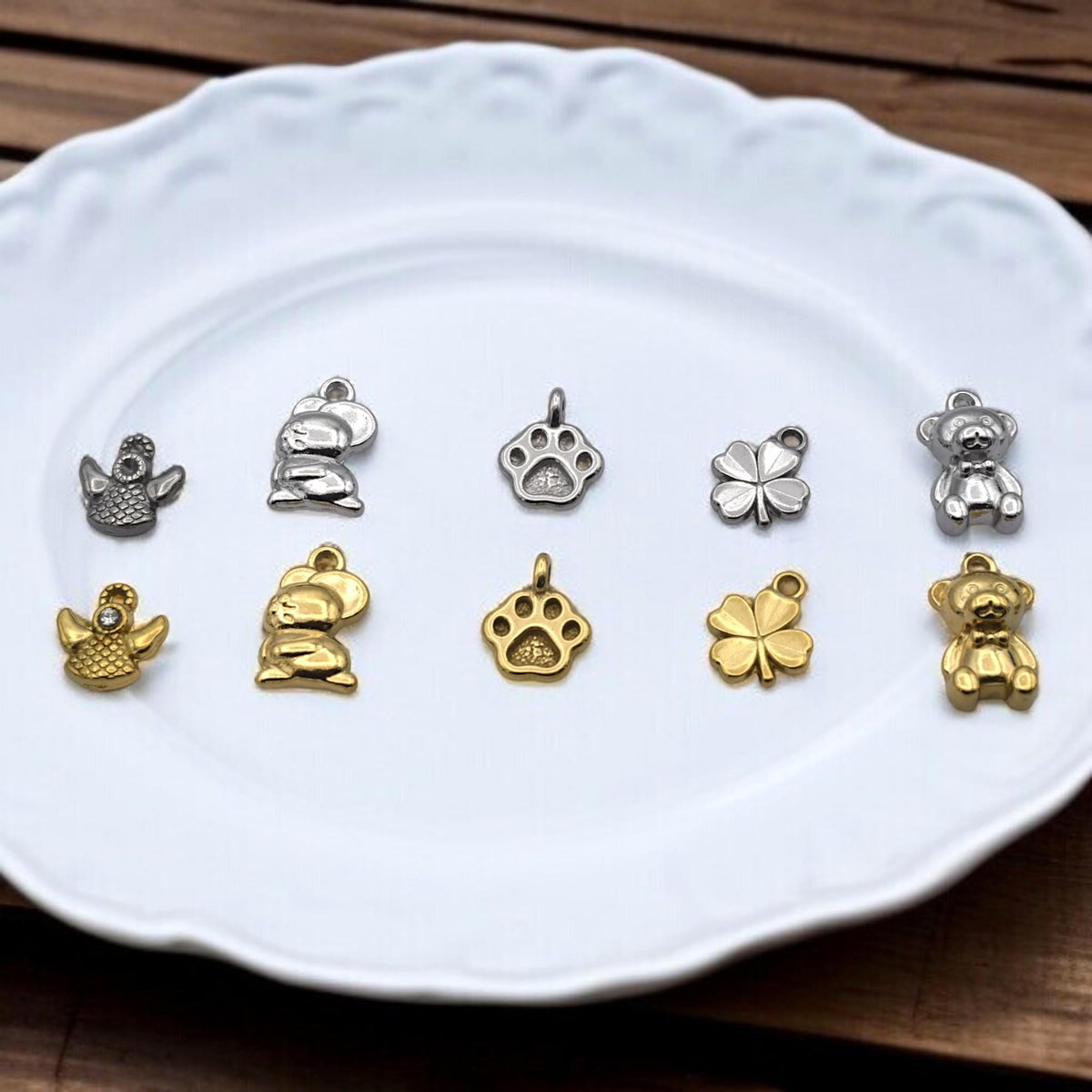 Animal Lucky Charm Gold & Silver Pendants: Stainless Steel, Anti Tarnish Finish | Nickel Safe, 12 Pieces, DIY Jewelry