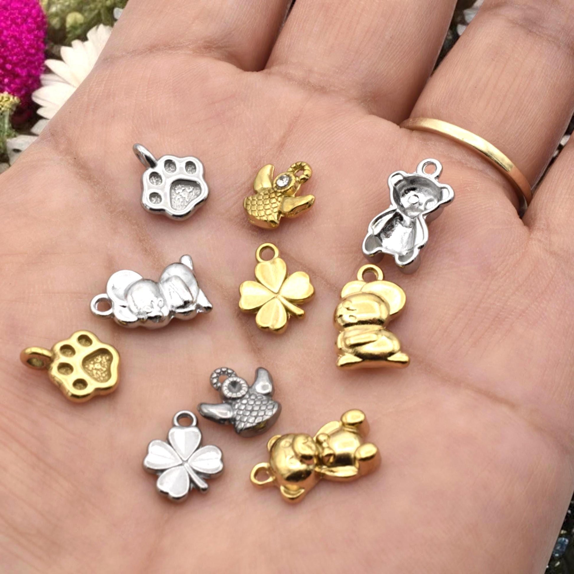 Animal Lucky Charm Gold & Silver Pendants: Stainless Steel, Anti Tarnish Finish | Nickel Safe, 12 Pieces, DIY Jewelry