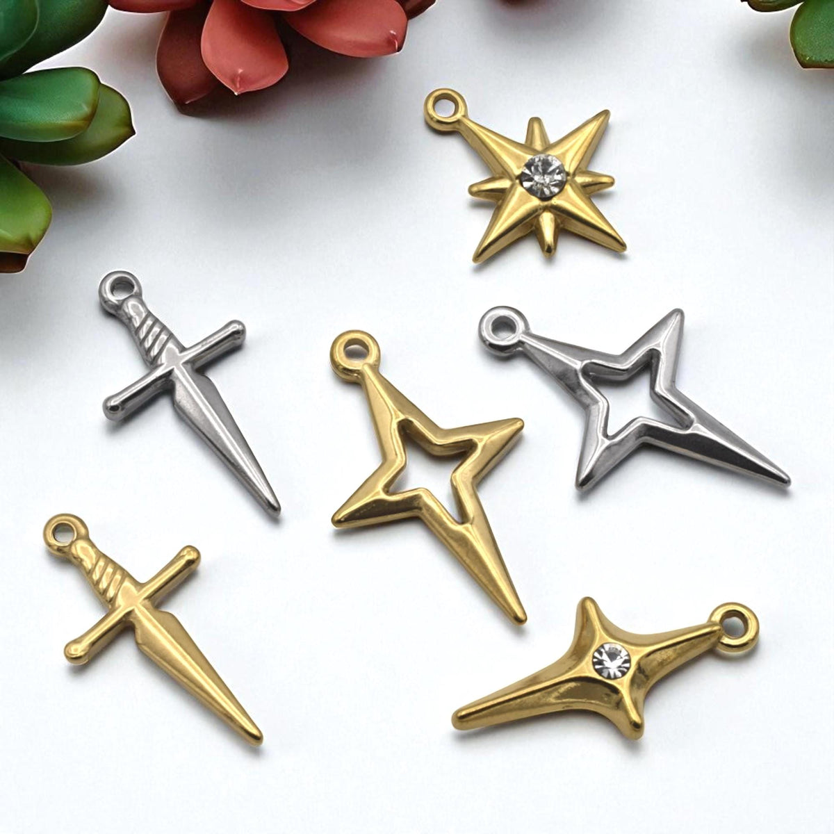 Sword North Star Charms CZ Accent Pendants, Gold & Silver Dagger and Compass Star (12PCS, Stainless Steel, DIY Jewelry)
