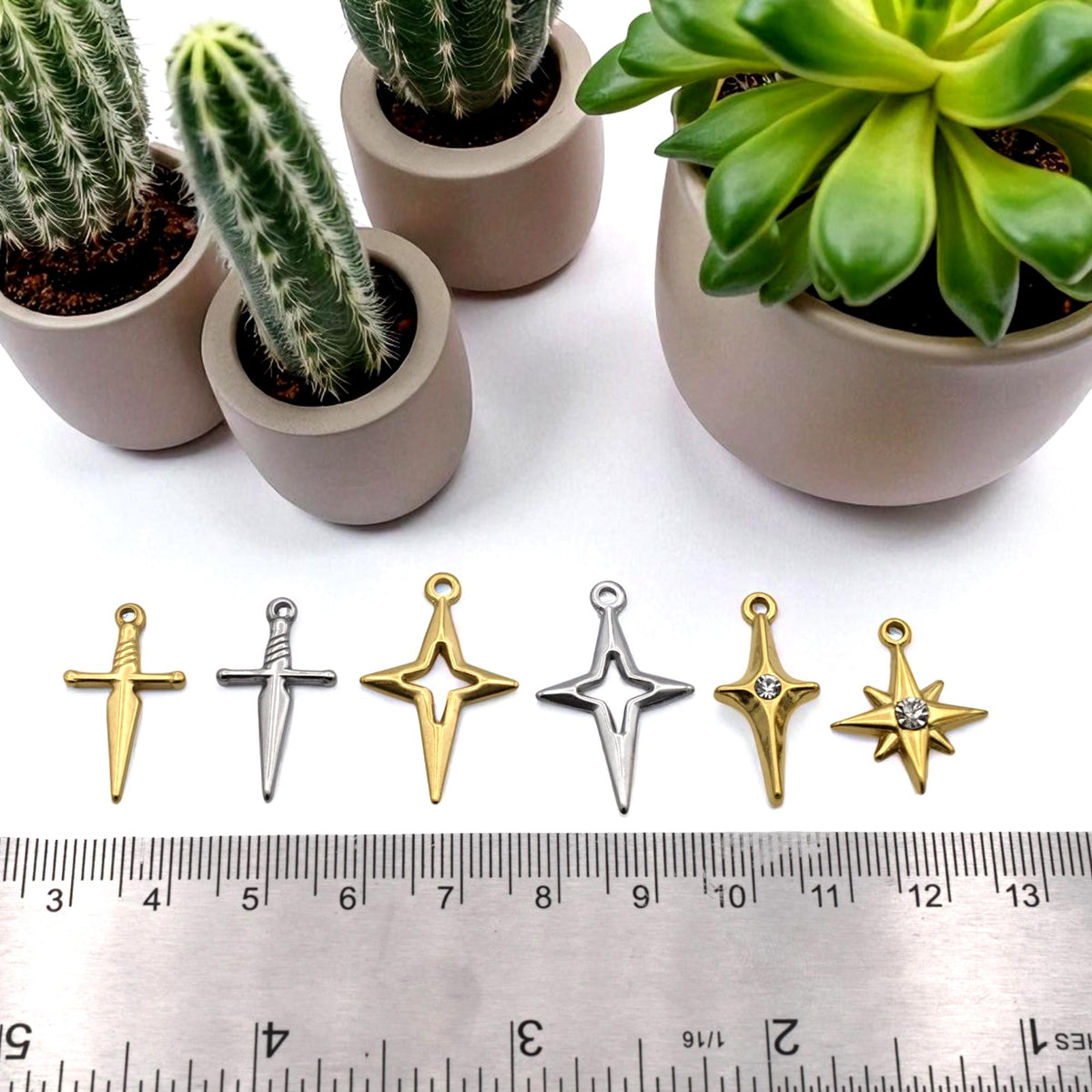 Sword North Star Charms CZ Accent Pendants, Gold & Silver Dagger and Compass Star (12PCS, Stainless Steel, DIY Jewelry)