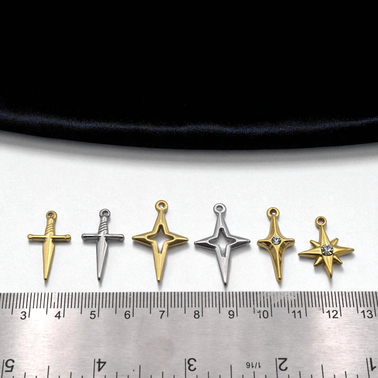 Sword North Star Charms CZ Accent Pendants, Gold & Silver Dagger and Compass Star (12PCS, Stainless Steel, DIY Jewelry)