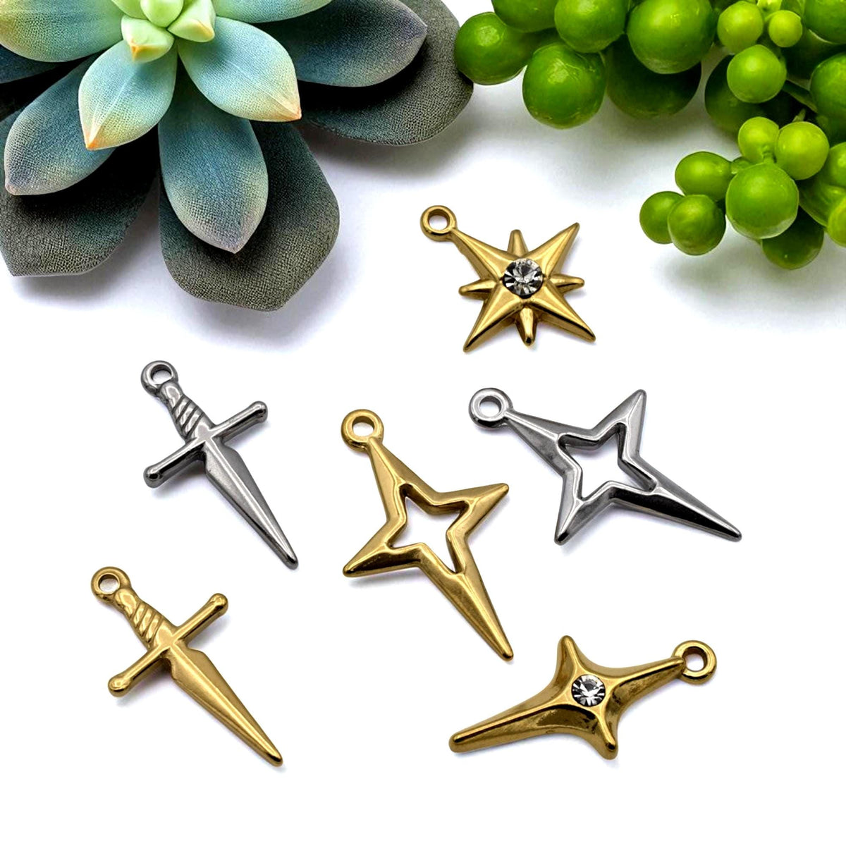 Sword North Star Charms CZ Accent Pendants, Gold & Silver Dagger and Compass Star (12PCS, Stainless Steel, DIY Jewelry)