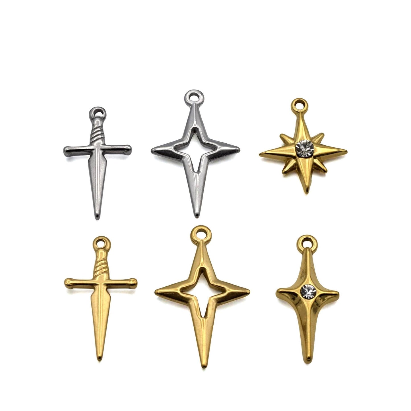 Sword North Star Charms CZ Accent Pendants, Gold & Silver Dagger and Compass Star (12PCS, Stainless Steel, DIY Jewelry)