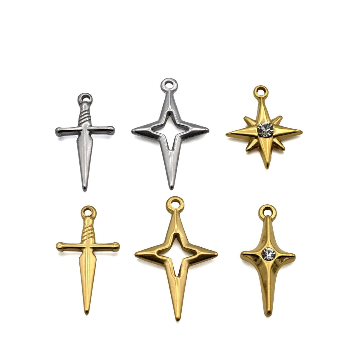 Sword North Star Charms CZ Accent Pendants, Gold & Silver Dagger and Compass Star (12PCS, Stainless Steel, DIY Jewelry)