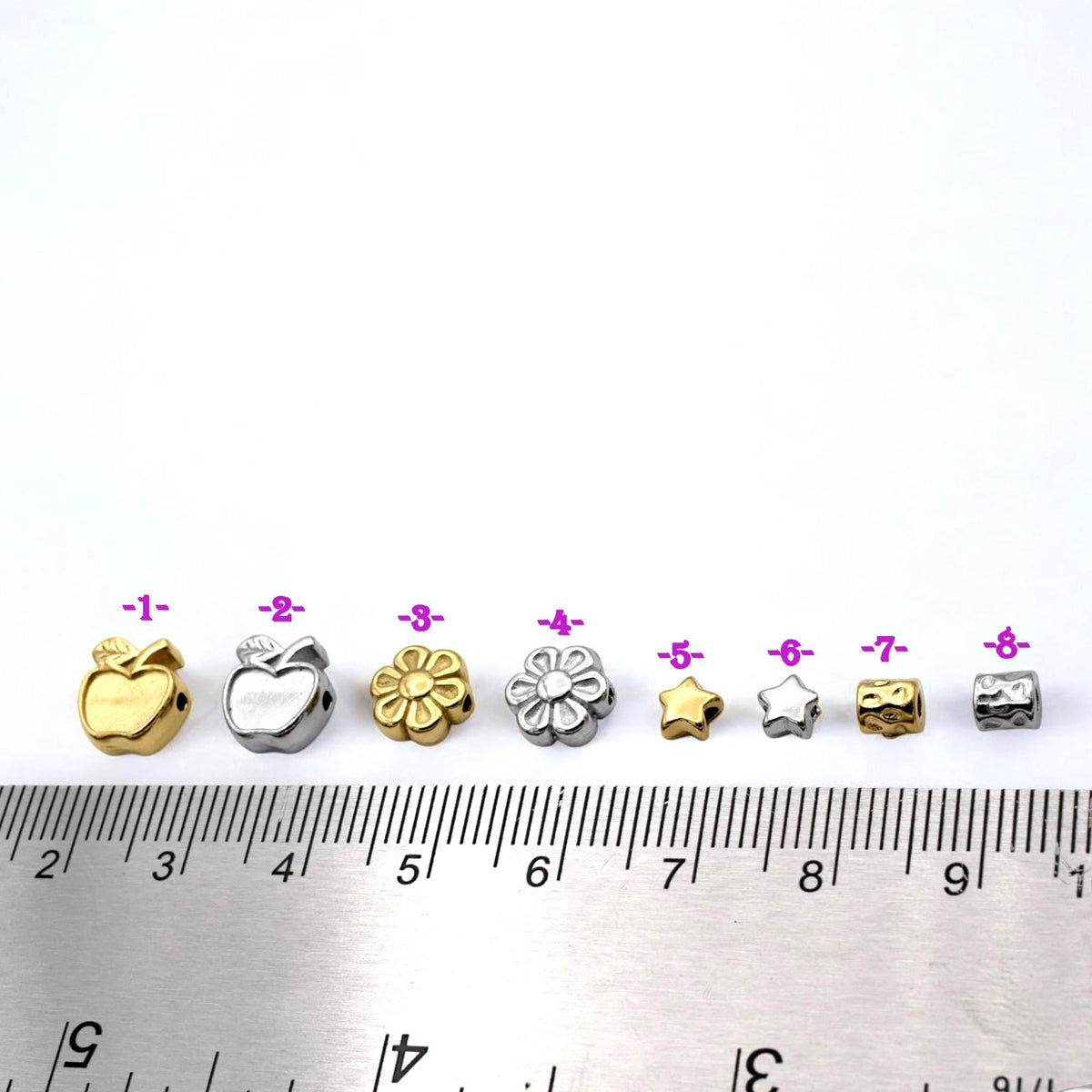 Bead Spacer Apple Daisy Star Barrel Beads, Gold Silver Finish (12 Pieces, Hypoallergenic Stainless Steel, Rust & Tarnish Resistant)