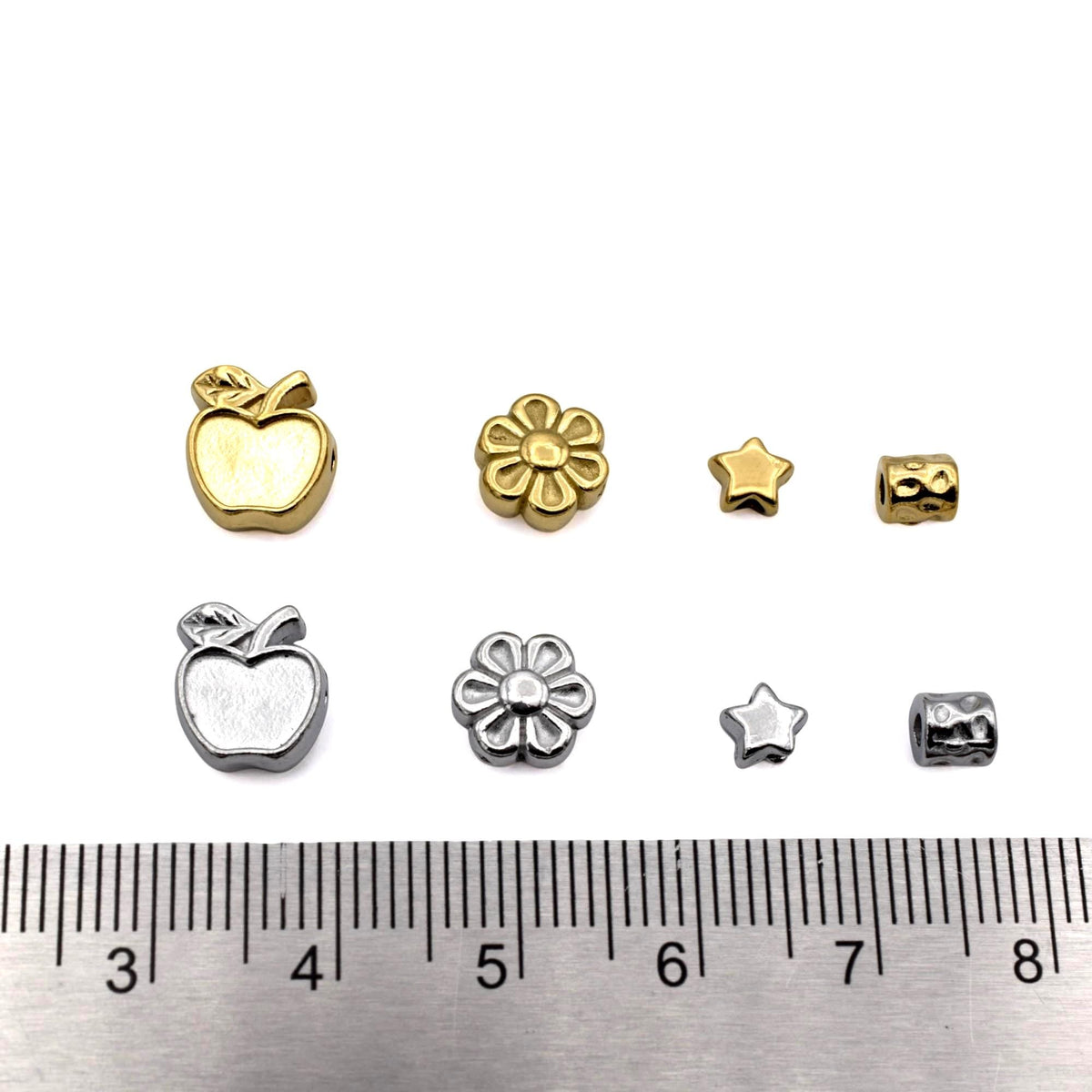 Bead Spacer Apple Daisy Star Barrel Beads, Gold Silver Finish (12 Pieces, Hypoallergenic Stainless Steel, Rust & Tarnish Resistant)