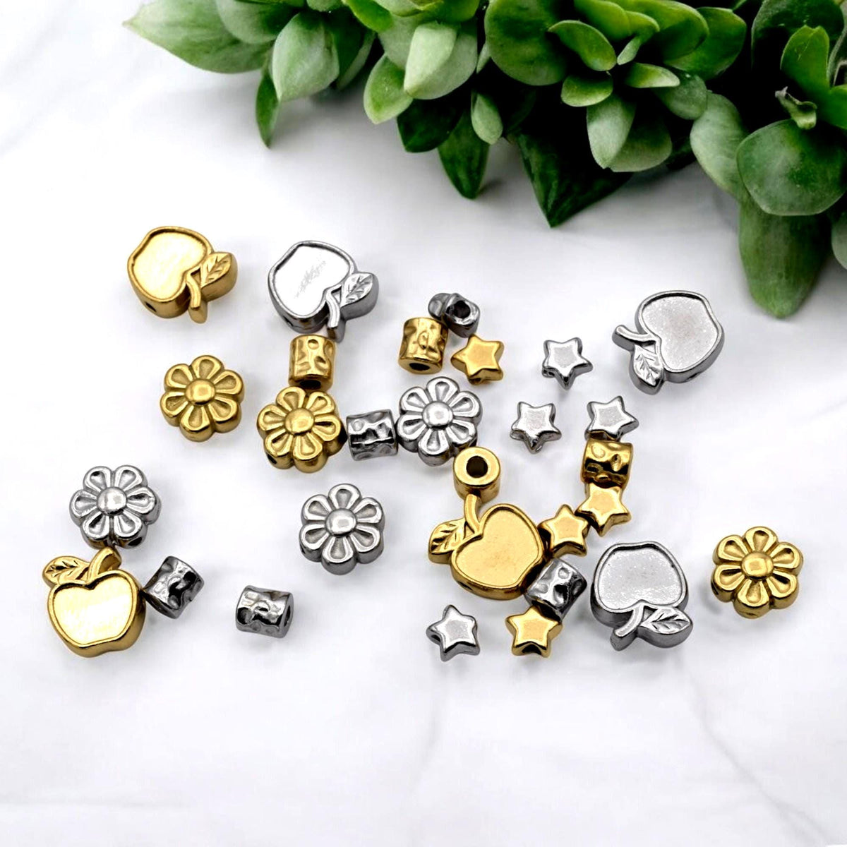 Bead Spacer Apple Daisy Star Barrel Beads, Gold Silver Finish (12 Pieces, Hypoallergenic Stainless Steel, Rust & Tarnish Resistant)